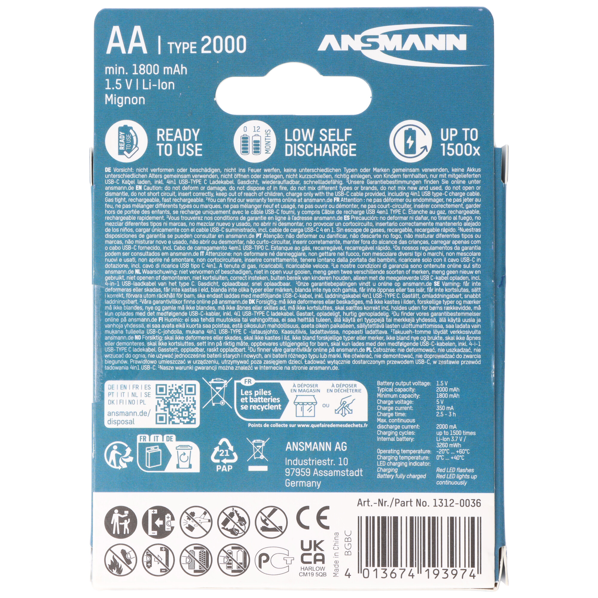 Ansmann Mignon AA 1,5V Lithium-Ionen Akkus, min. 1800mAh typ. 2000mAh, inkl. 4in1 USB-C Ladekabel, 4er Papierblister