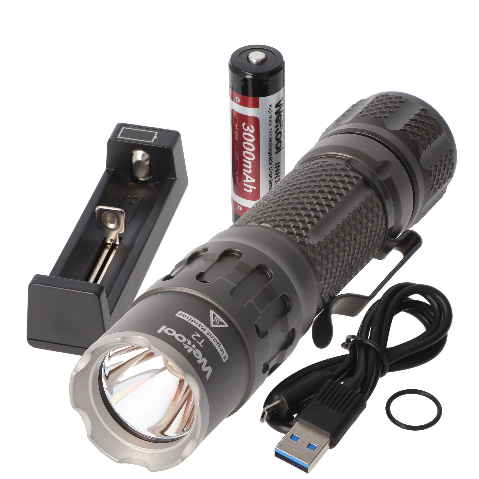 Weltool T2 leistungsstarke und kompakte LED-Taschenlampe mit 1.730 Lumen, Farbe grau, Kühlstruktur mit Durchgangsbohrungen am Lampenkopf, inkl. Akku und Ladegerät