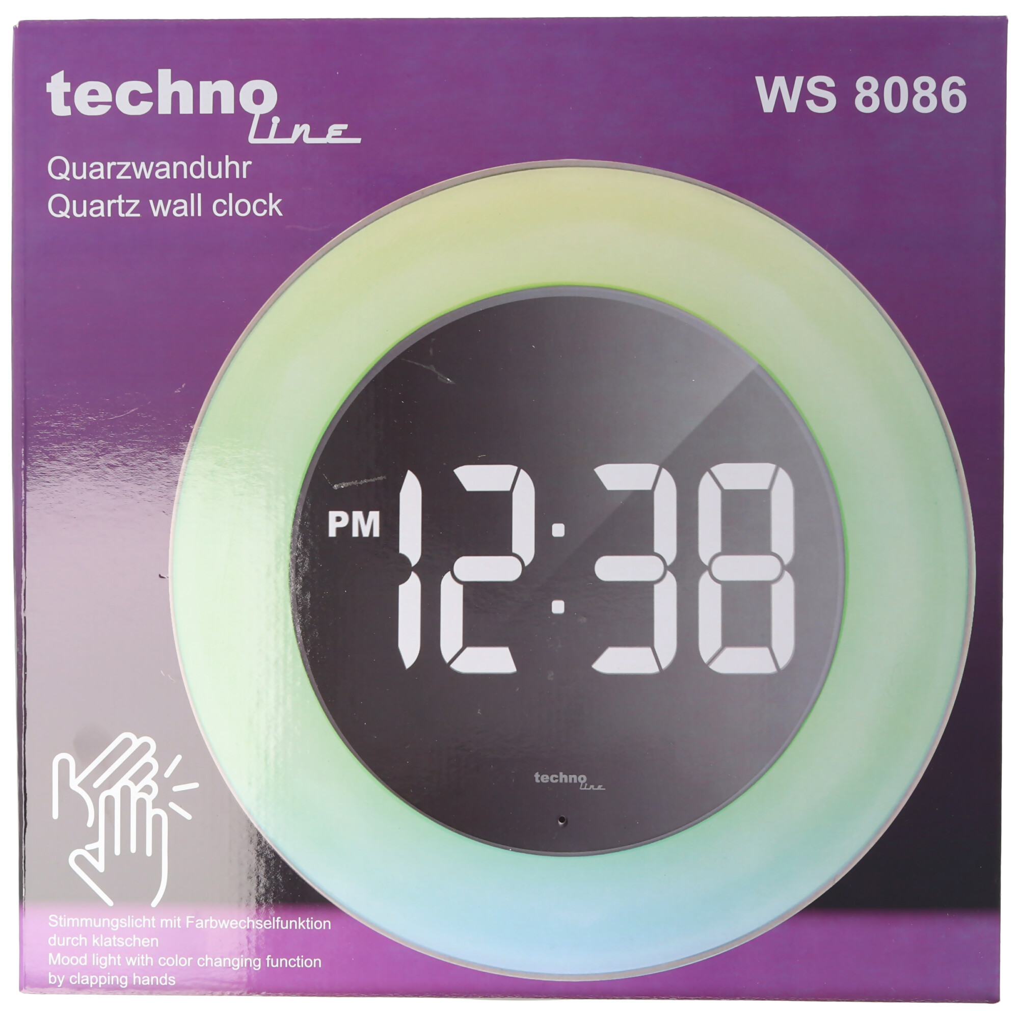 Technoline WS 8086 Quarzuhr mit Spiegel-LED-Display und Stimmungslicht mit Tisch und Wandhalter