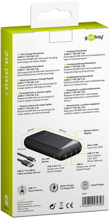 Goobay Schnelllade-Powerbank 20.000 mAh (USB-C™ PD, QC 3.0) - Leistungsstarke Powerbank mit Statusanzeige, Quick Charge-kompatibel