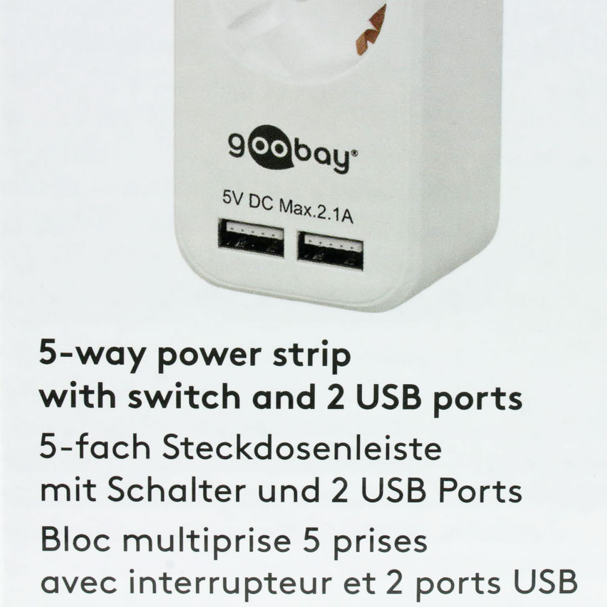 5-fach Steckdosenleiste mit Schalter und 2 USB-Ladeports 2,1A, mit Kindersicherung