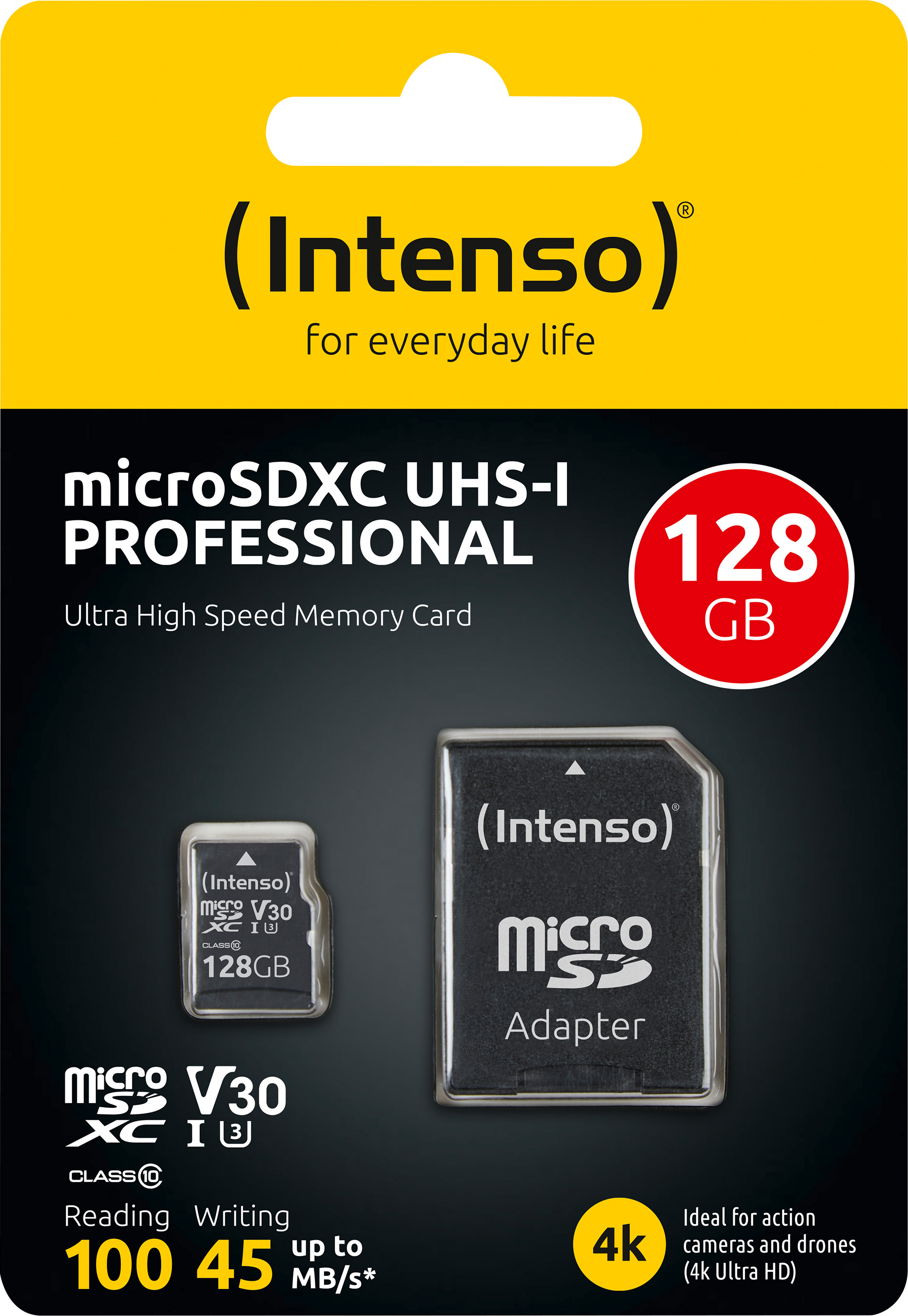 Intenso microSDXC Card 128GB, Professional, Class 10, U1 (R) 100MB/s, (W) 45MB/s, SD-Adapter, Retail-Blister