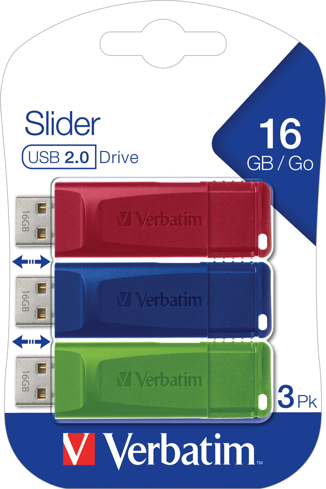 Verbatim USB 2.0 Stick 16GB, Slider, rot-blau-grün, Multipack (R) 10MB/s, (W) 4MB/s, Retail-Blister (3-Pack)