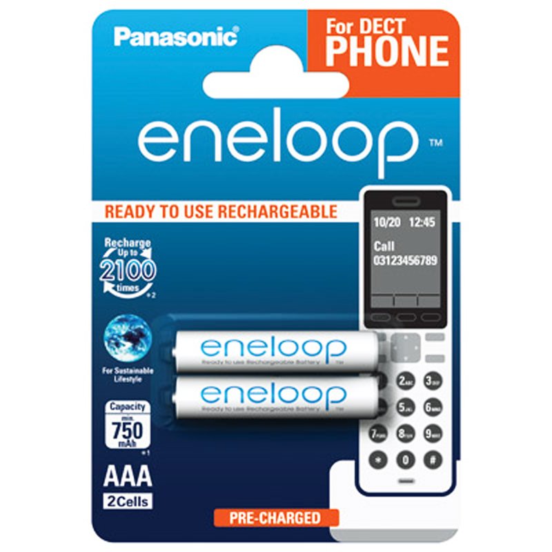 2er Panasonic eneloop Phone Standard Micro Akku DECT BK4MCCE/3DE NiMH 1,2V 800 mAh inkl. AccuSafe AAA