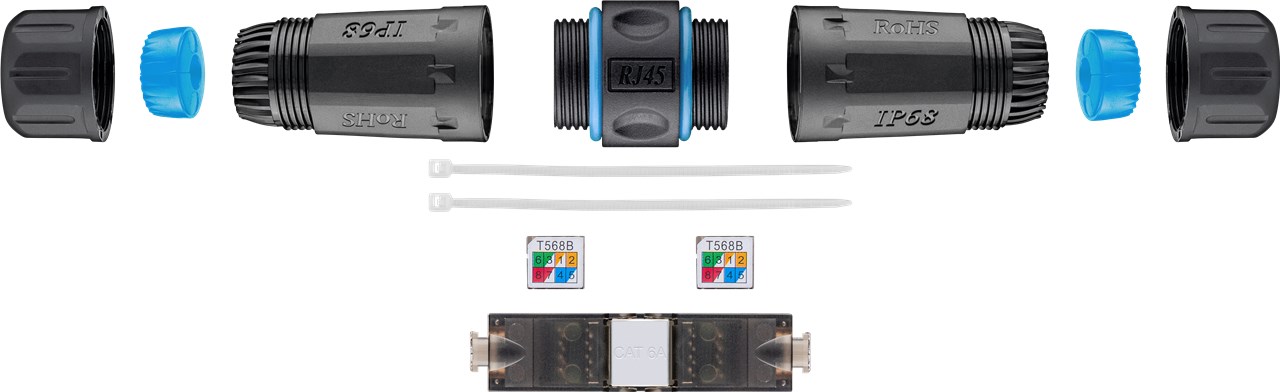 Goobay Outdoor (IP68) Netzwerkkabel-Verbinder, CAT 6A UTP ungeschirmt - staub- und wasserdicht, Klemmleiste für LSA Montage (werkzeugfrei)