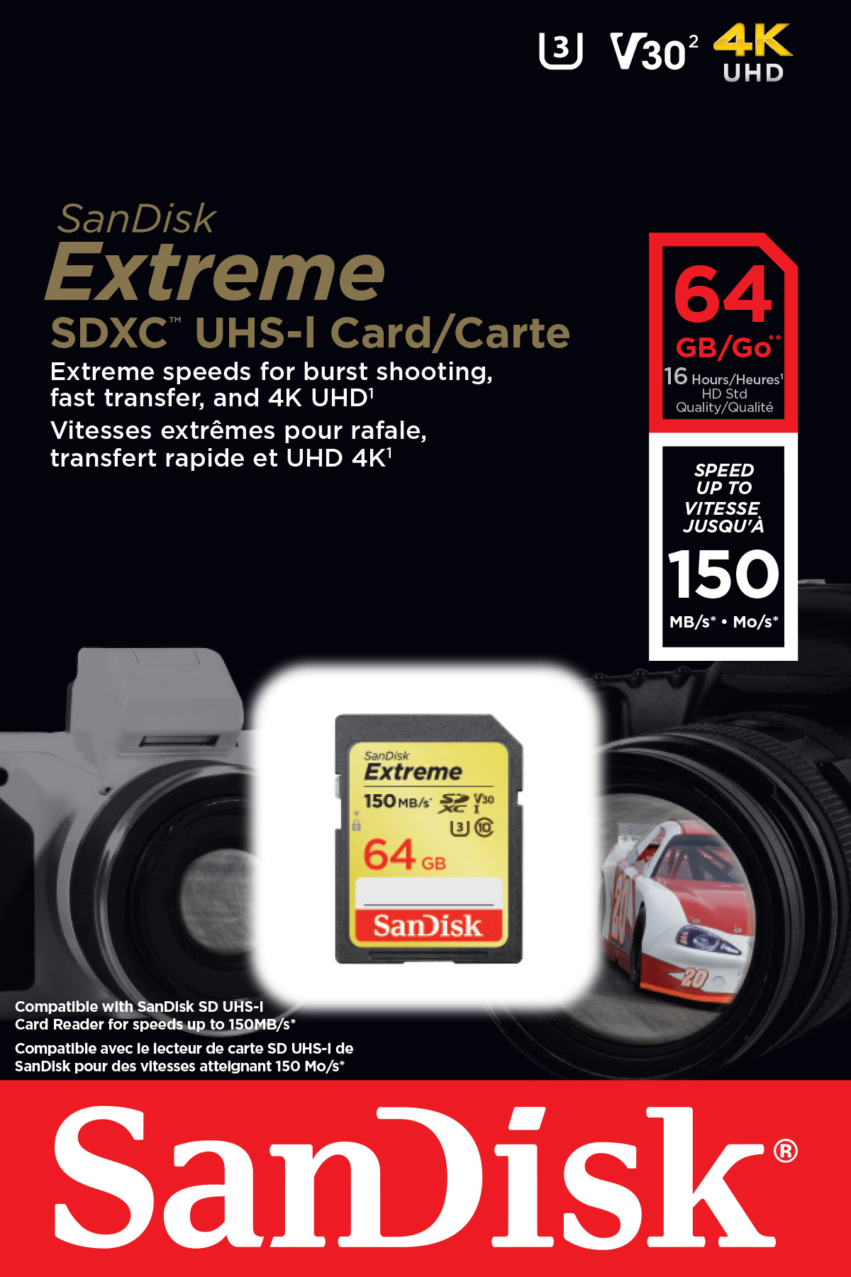 Sandisk SDXC-Card 64GB, Extreme, U3, UHS-I, 4K UHD (R) 150MB/s, (W) 40MB/s, Retail-Blister