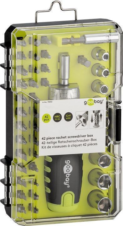 Goobay 42-teilige Ratschenschrauber-Box - mit herausnehmbarem Handgriff für 12 Bits und praktischer Box