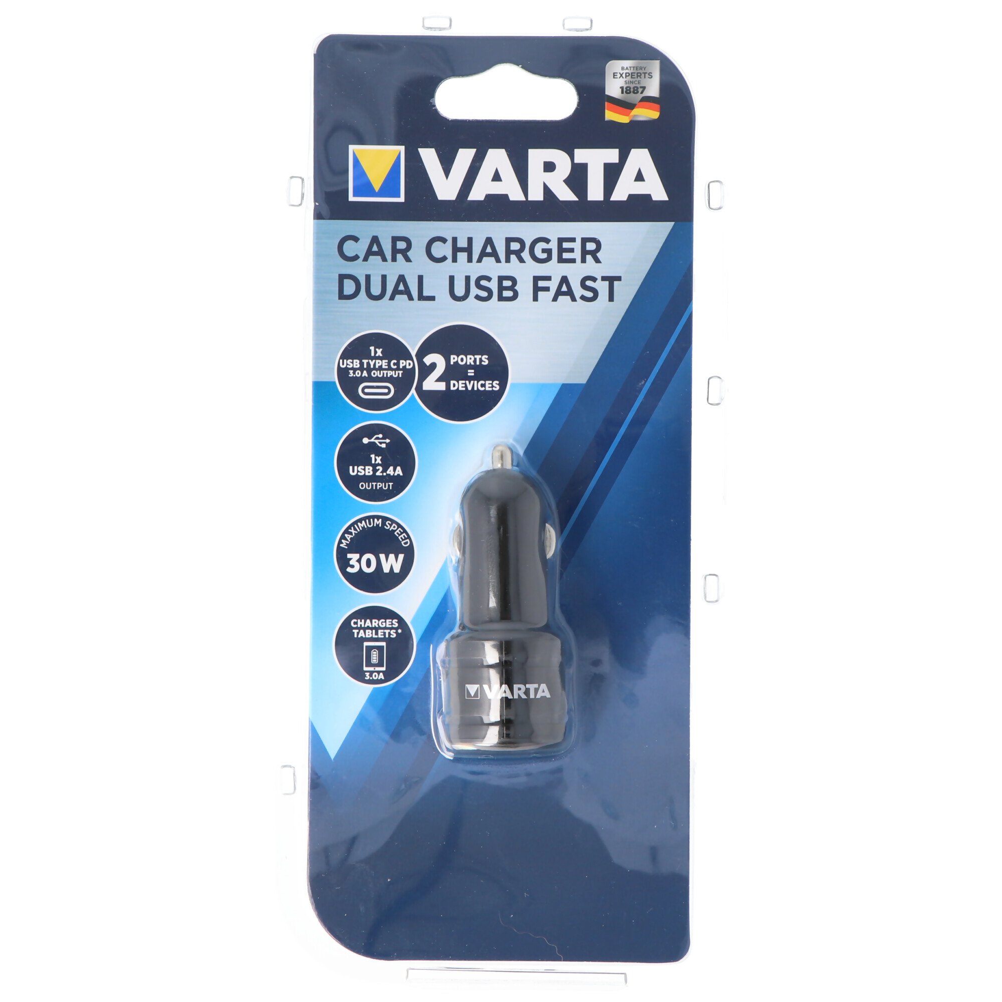 Varta 57932 Car Charger Dural USB Ausgang 2,4A und USB Type C 3,0A Output USB-C