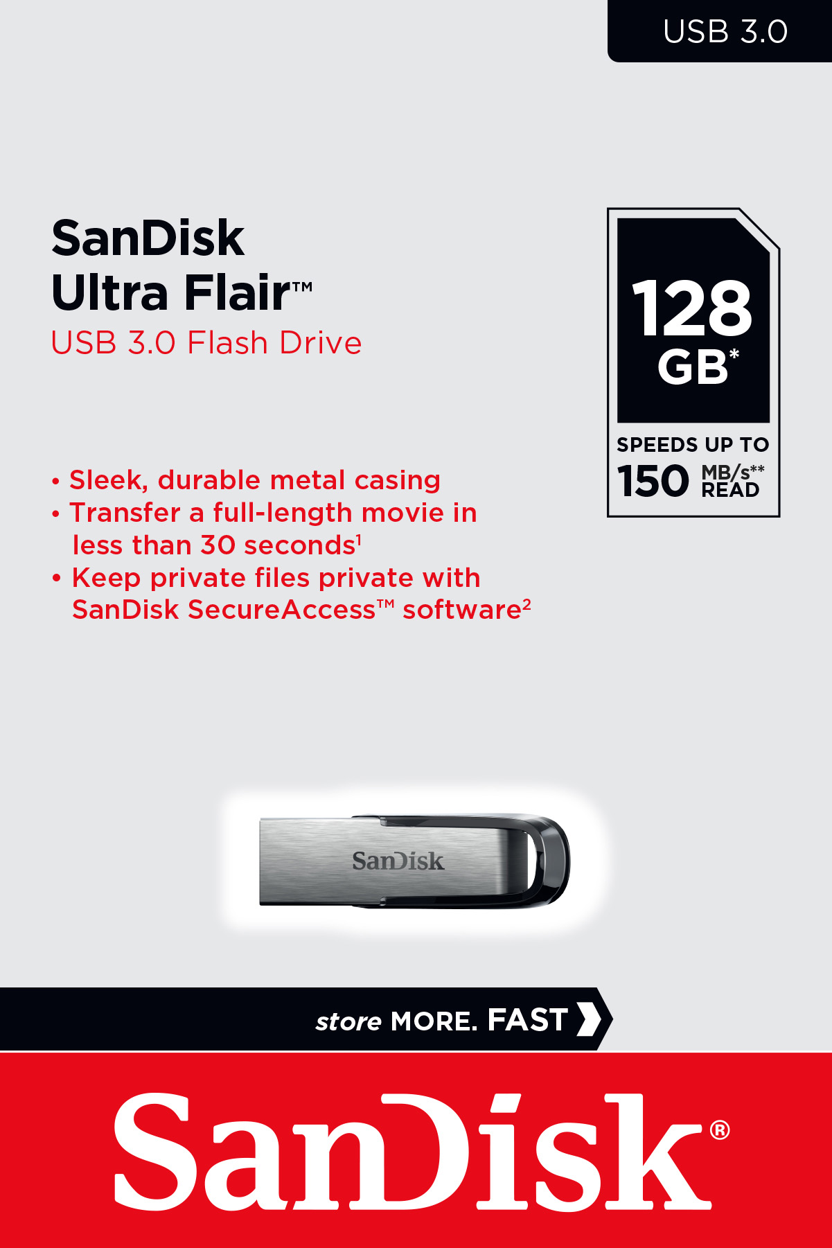 Sandisk USB 3.0 Stick 128GB, Ultra Flair Typ-A, (R) 150MB/s, SecureAccess, Retail-Blister
