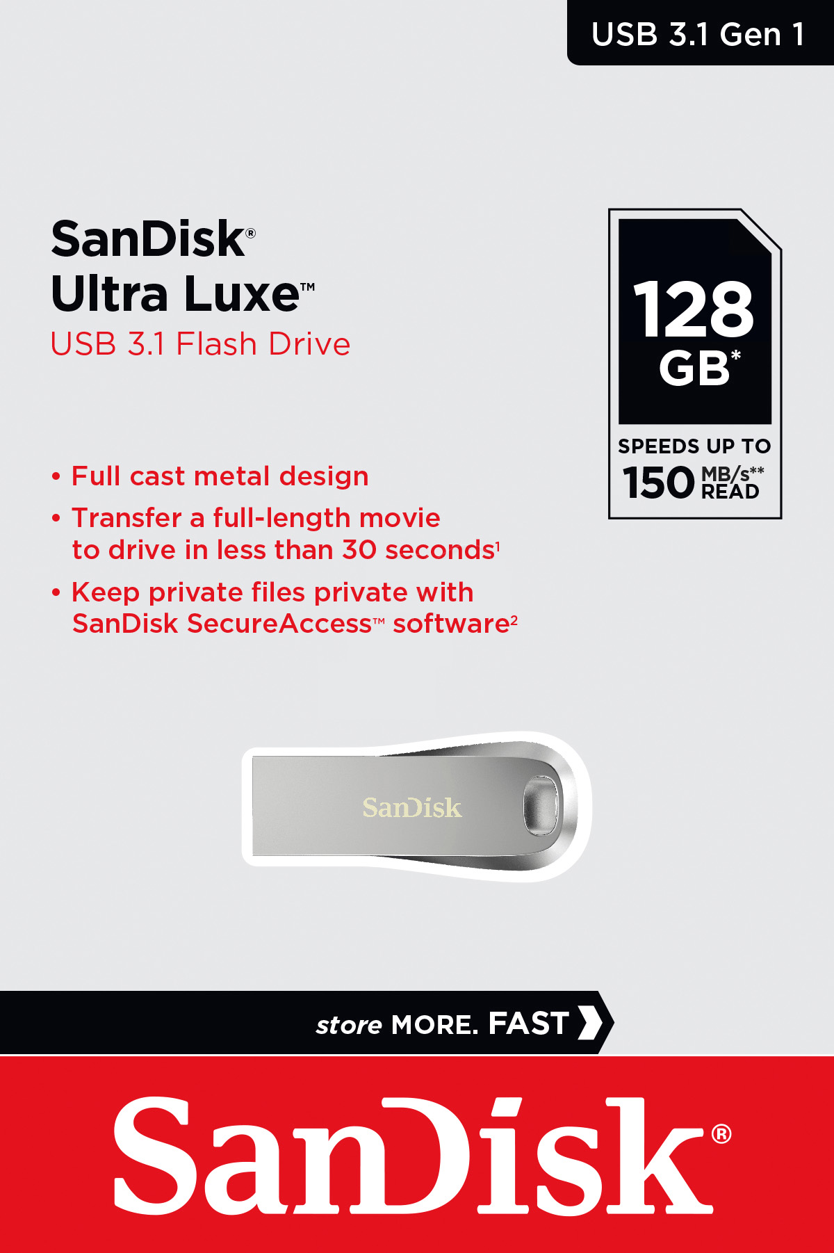 Sandisk USB 3.1 Stick 128GB, Typ-A, Ultra Luxe Typ-A, (R) 150MB/s, SecureAccess, Retail-Blister