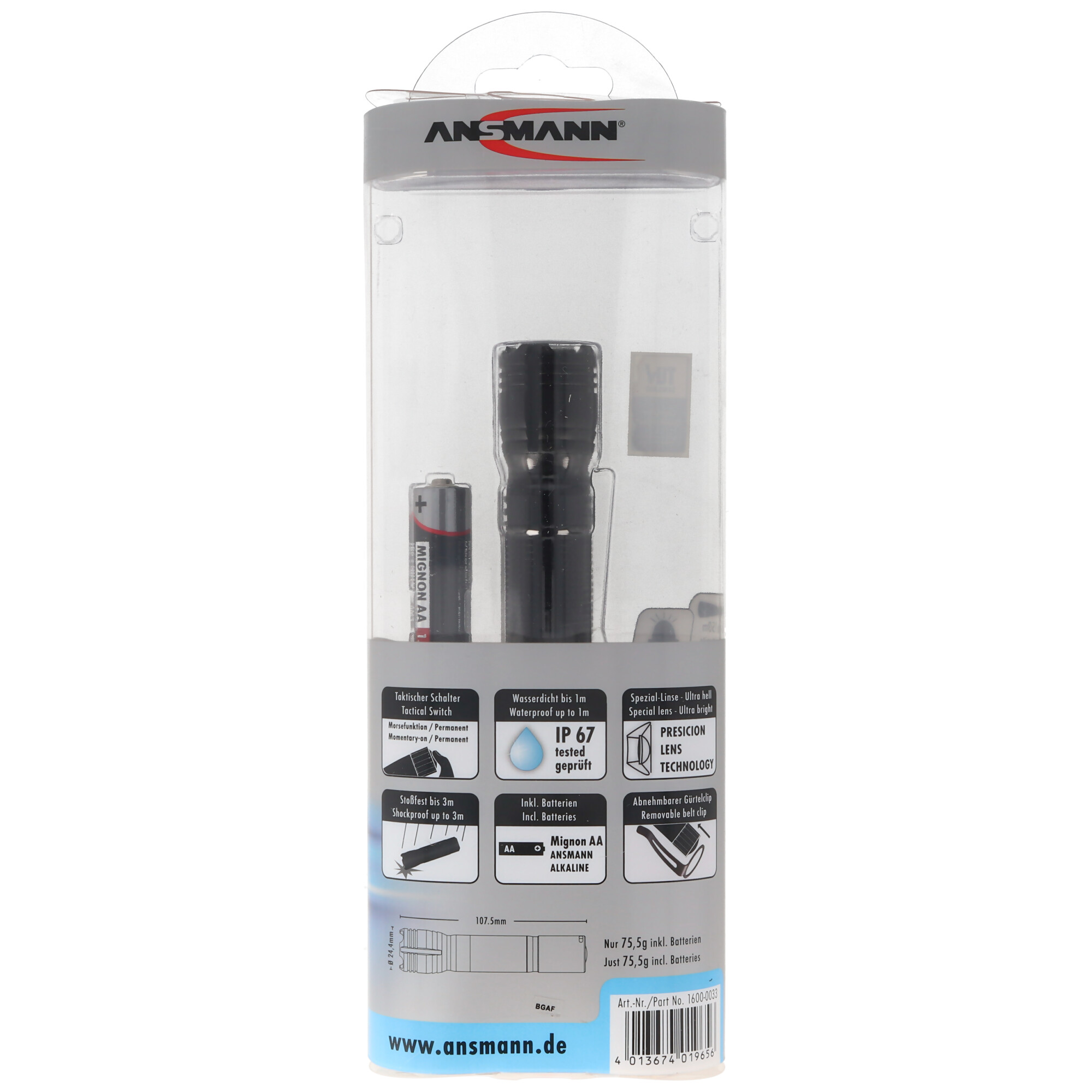 Ansmann Agent Mini LED-Taschenlampe, wasserdicht 1m, taktischer Schalter, Mignon AA Batterie