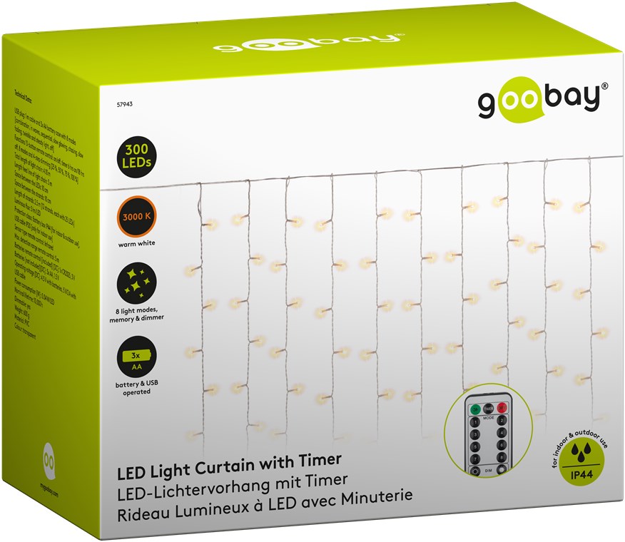 Goobay 300er LED-Lichtervorhang - mit Fernbedienung, Timer-Funktion, 8 Leuchtmodi, Dimmer, USB- und Batteriebetrieb, warm-weiß (3000 K)