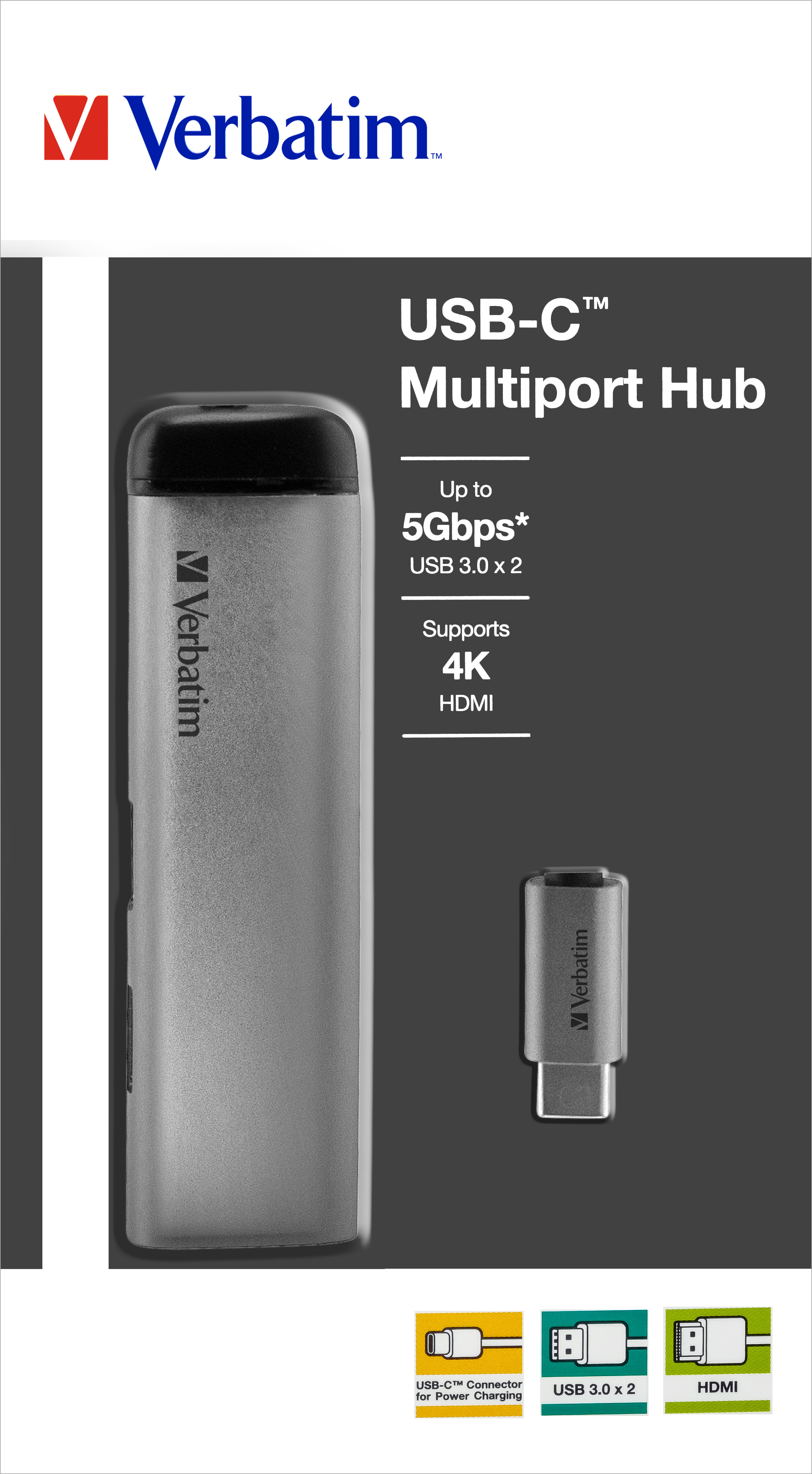 Verbatim Hub, USB 3.1-C, Multiport 2x USB 3.0, HDMI 4K Power Charge, USB-C Kabel, 15cm, Retail