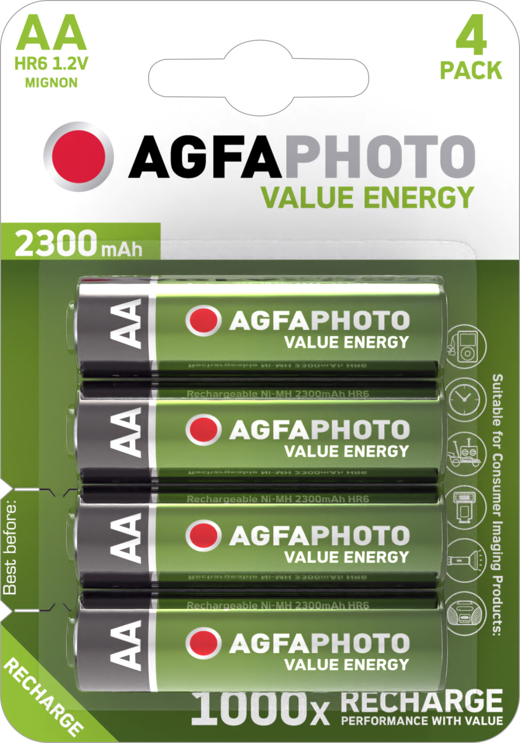 Agfaphoto Akku NiMH, Mignon, AA, HR06, 1.2V/2300mAh Value Energy, Retail Blister (4-Pack)