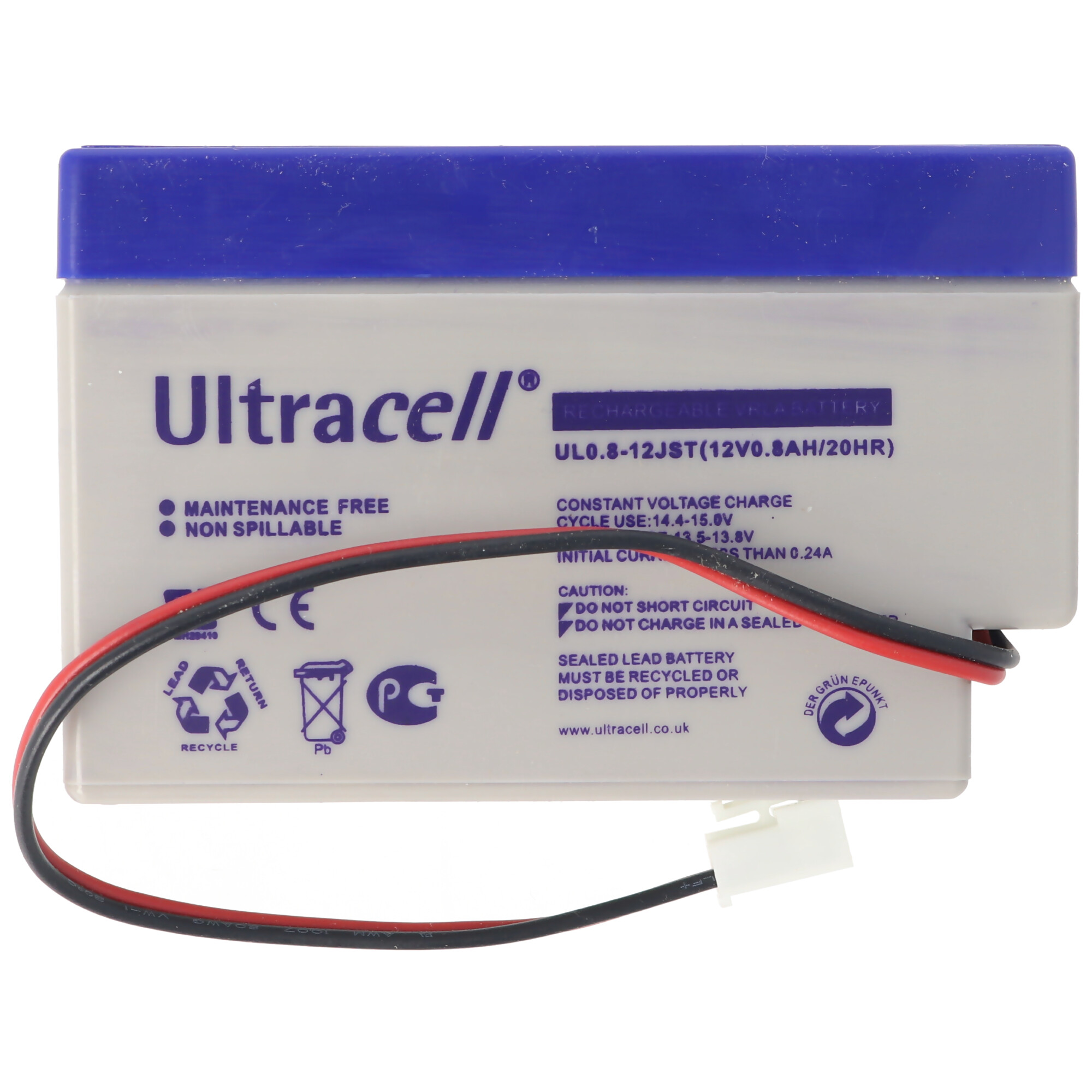 UL0.8-12S Ultracell Blei Akku 12 Volt 0,8Ah mit Kabel und JST-Stecker (bitte unbedingt Stecker mit Ihrem vergleichen)