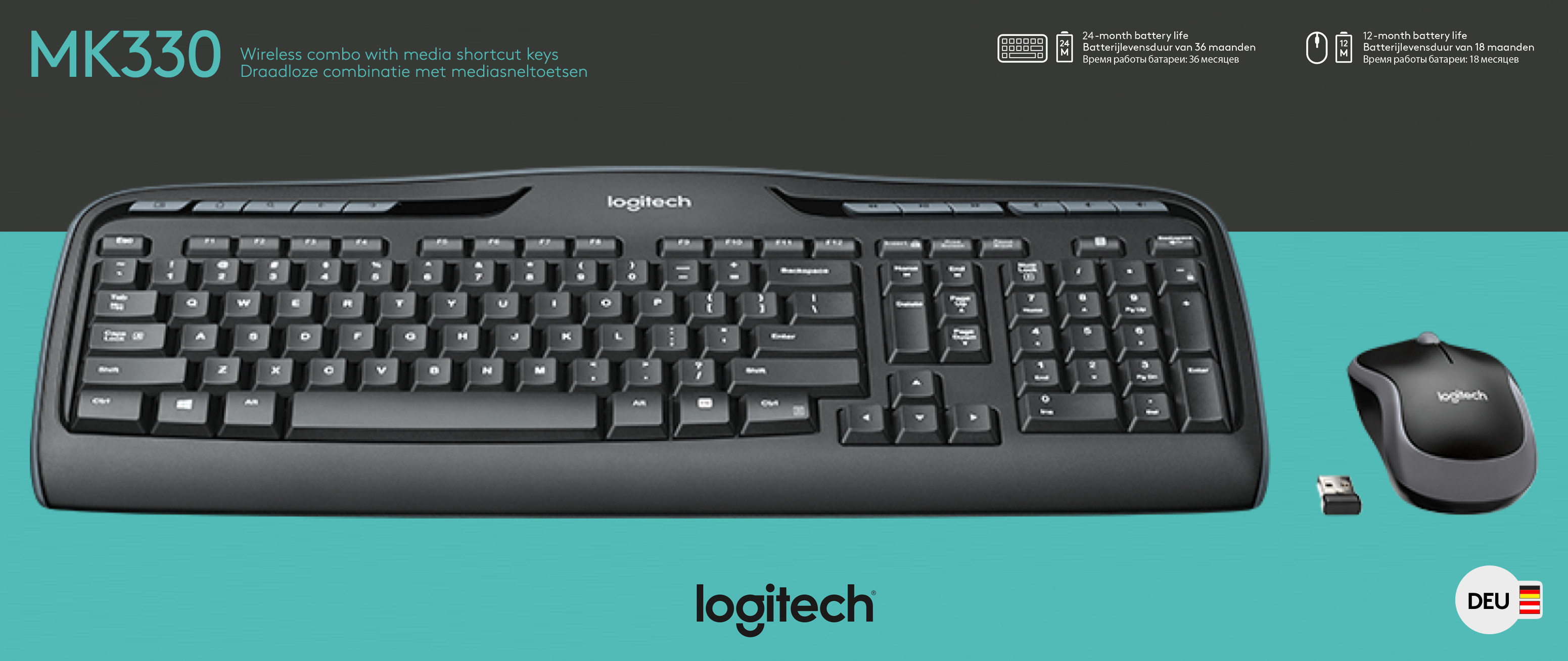 Logitech Tastatur/Maus Set MK330, Wireless, schwarz DE, Optisch, 1000 dpi, Retail