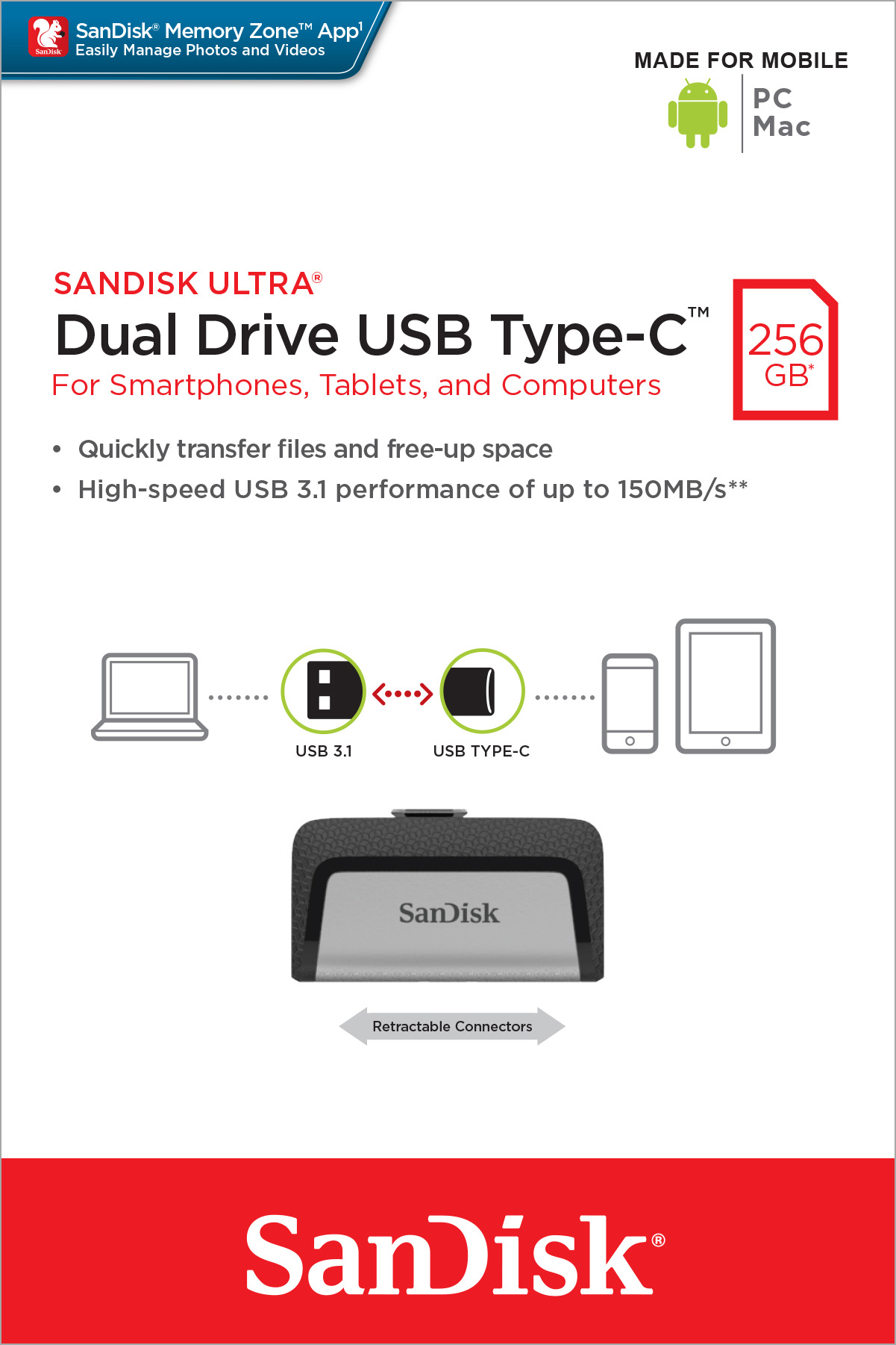 Sandisk USB 3.1 OTG Stick 256GB, Ultra Dual Drive Typ-A-C, (R) 150MB/s, Memory Zone, Retail-Blister