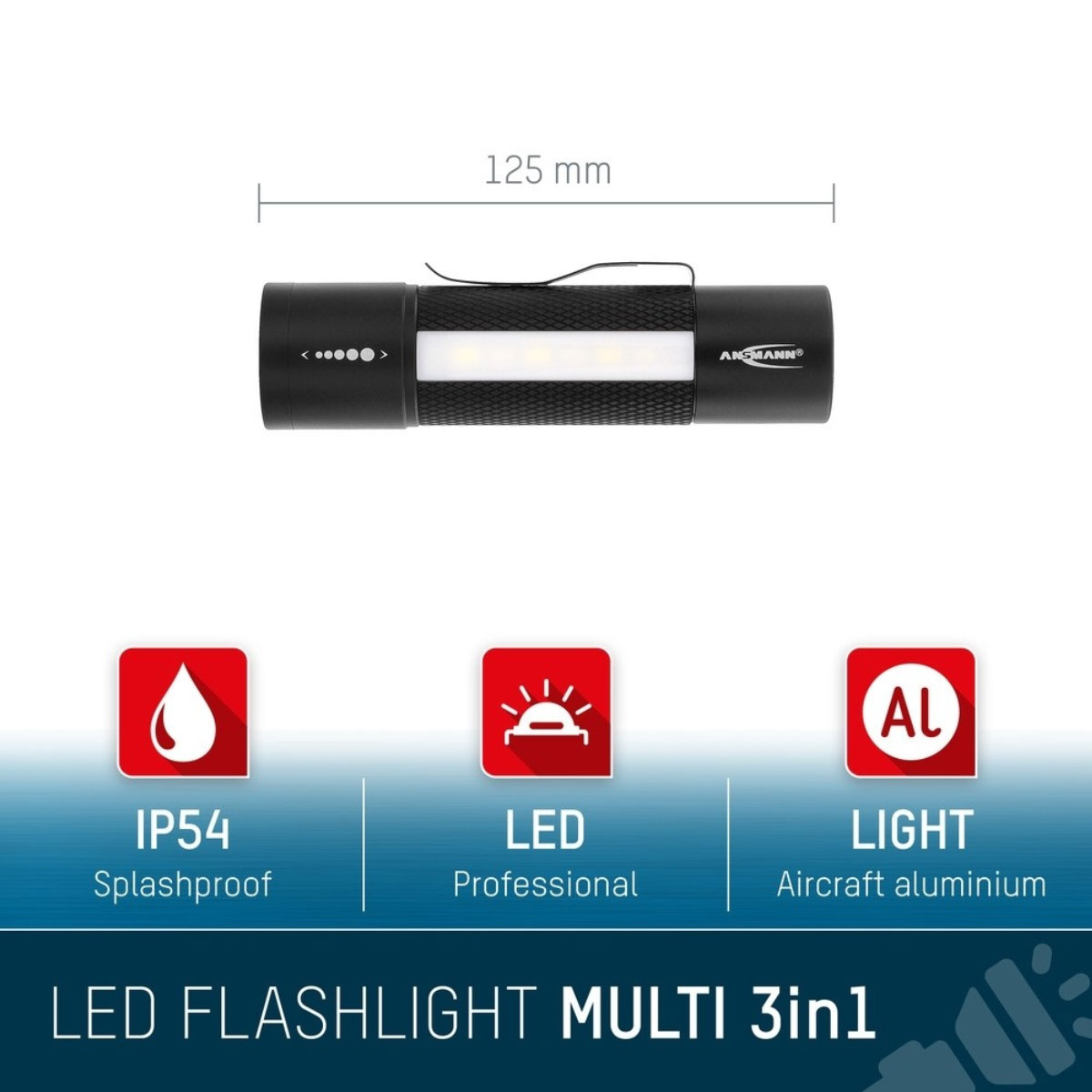 Professionelle Multifunktionsleuchte, die fokussierbare LED-Taschenlampe, Arbeitsleuchte und Signalleuchte, inkl. 3 Micro AAA Batterien, abnehmbarem Gürtelclip & Haltemagnet