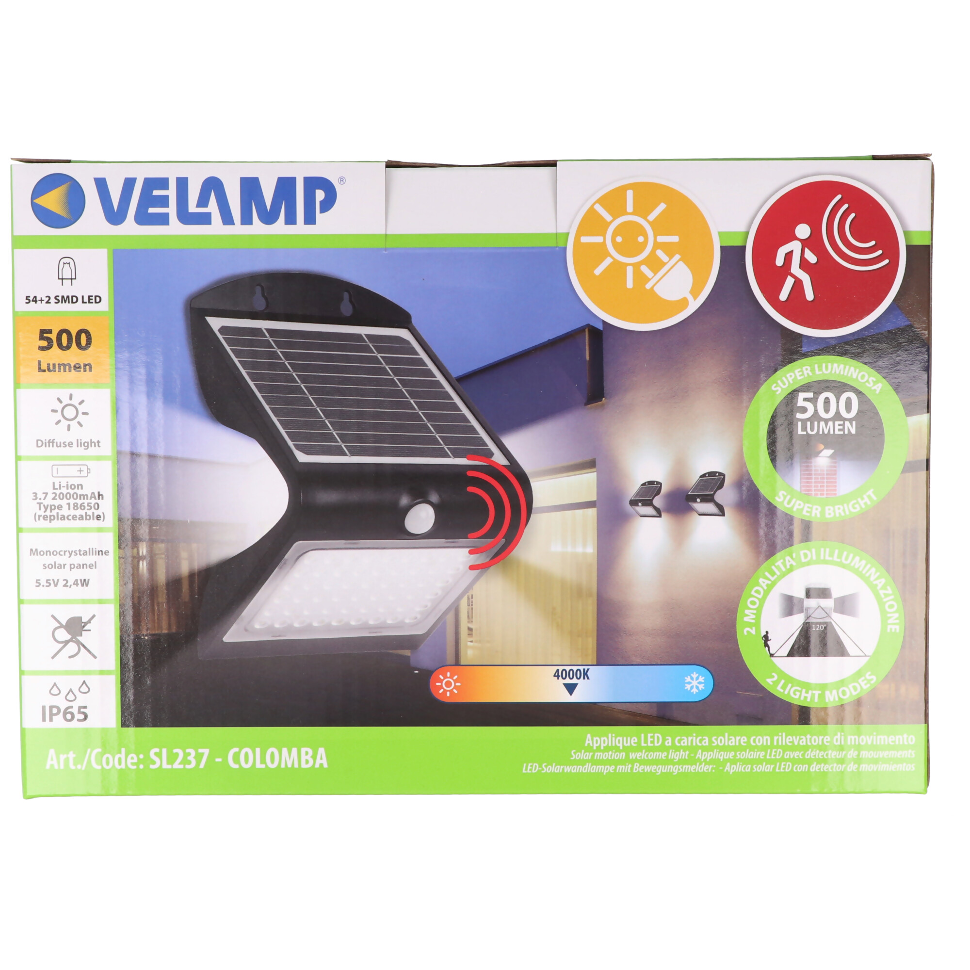 Velamp COLOMBA: Solarwandleuchte 54 + 2 LED. 500 Lumen. Mit Bewegungsmelder