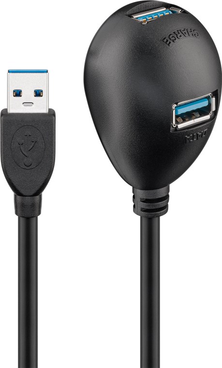 Goobay USB 3.0 Hi-Speed-Verlängerungskabel mit Standfuss, Schwarz - USB 3.0-Stecker (Typ A) > 2x USB 3.0-Buchse (Typ A)