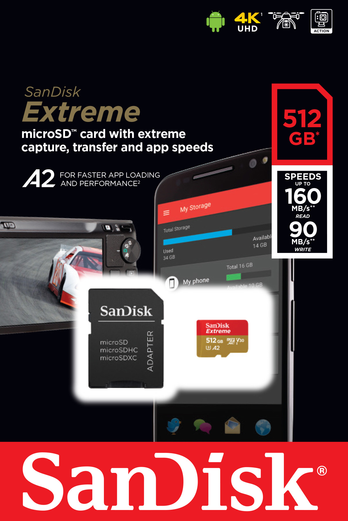Sandisk microSDXC Card 512GB, Extreme, U3, A2, 4K UHD (R) 160MB/s, (W) 90MB/s, SD Adapter, Retail-Blister