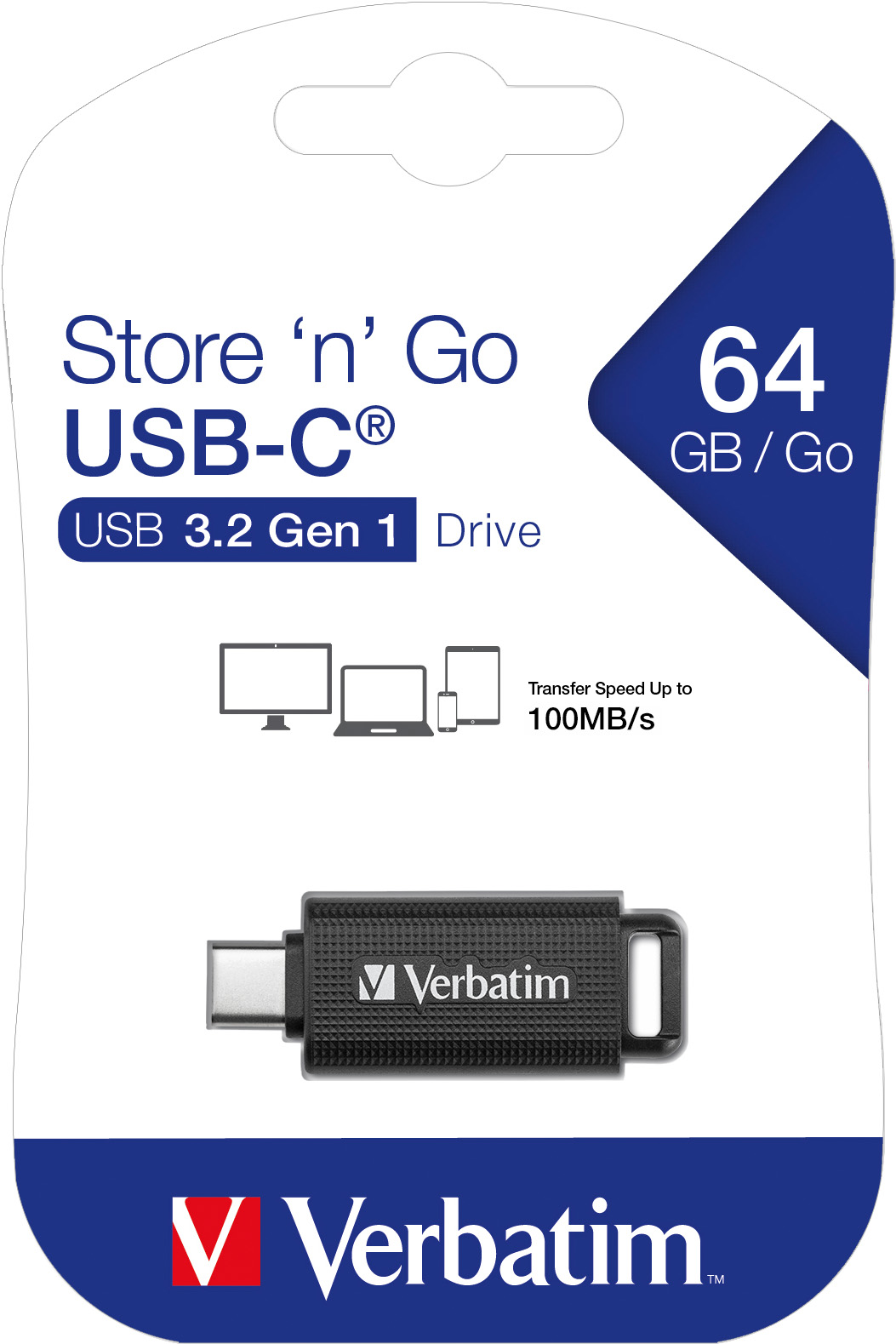 Verbatim USB 3.2 Stick 64GB, Retractable Typ-C, (R) 100MB/s, (W) 20MB/s, Retail-Blister