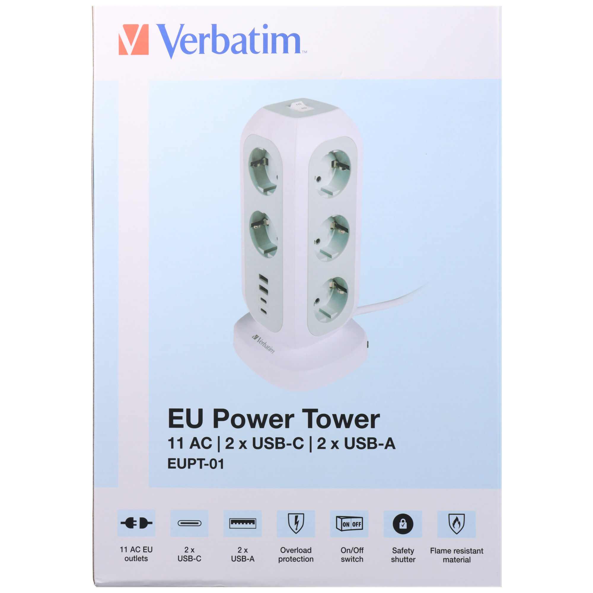 Praktischer Steckdosen Tower, EUPT-01, Kabel 2m, weiss 11x 230V EU, 2x USB Typ-A, 2x USB Typ-C, Retail