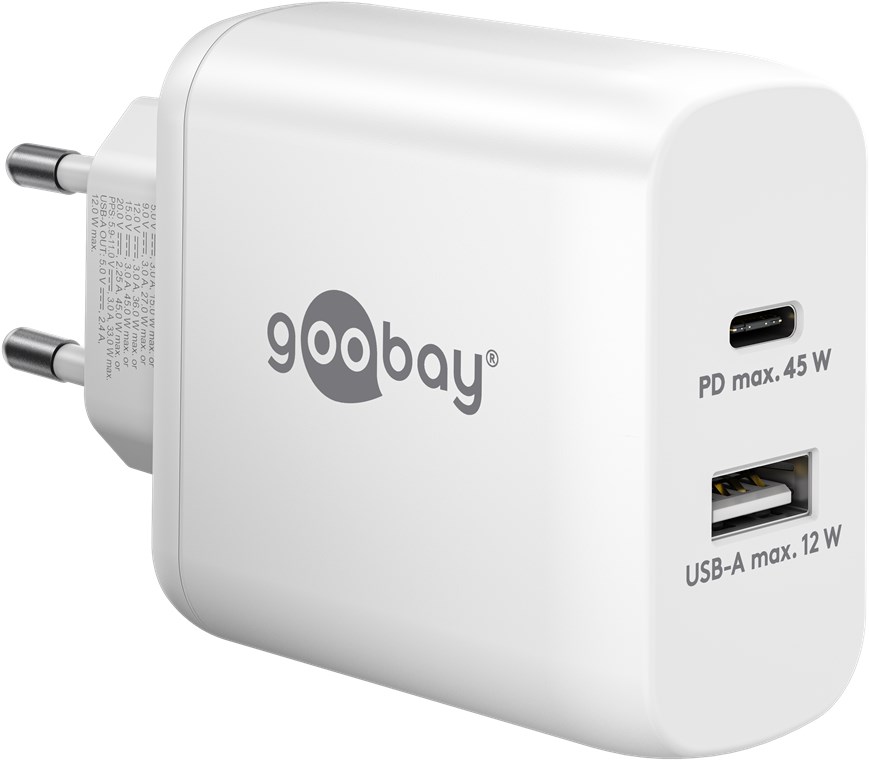 Goobay USB-C™ PD Dual-Schnellladegerät (45 W) weiß - 1x USB-C™-Anschluss (Power Delivery) und 1x USB-A-Anschluss - weiß