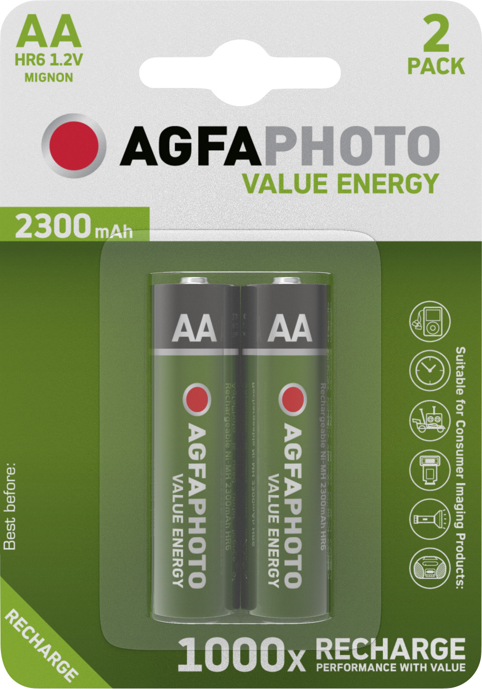 Agfaphoto Akku NiMH, Mignon, AA, HR06, 1.2V/2300mAh Value Energy, Retail Blister (2-Pack)