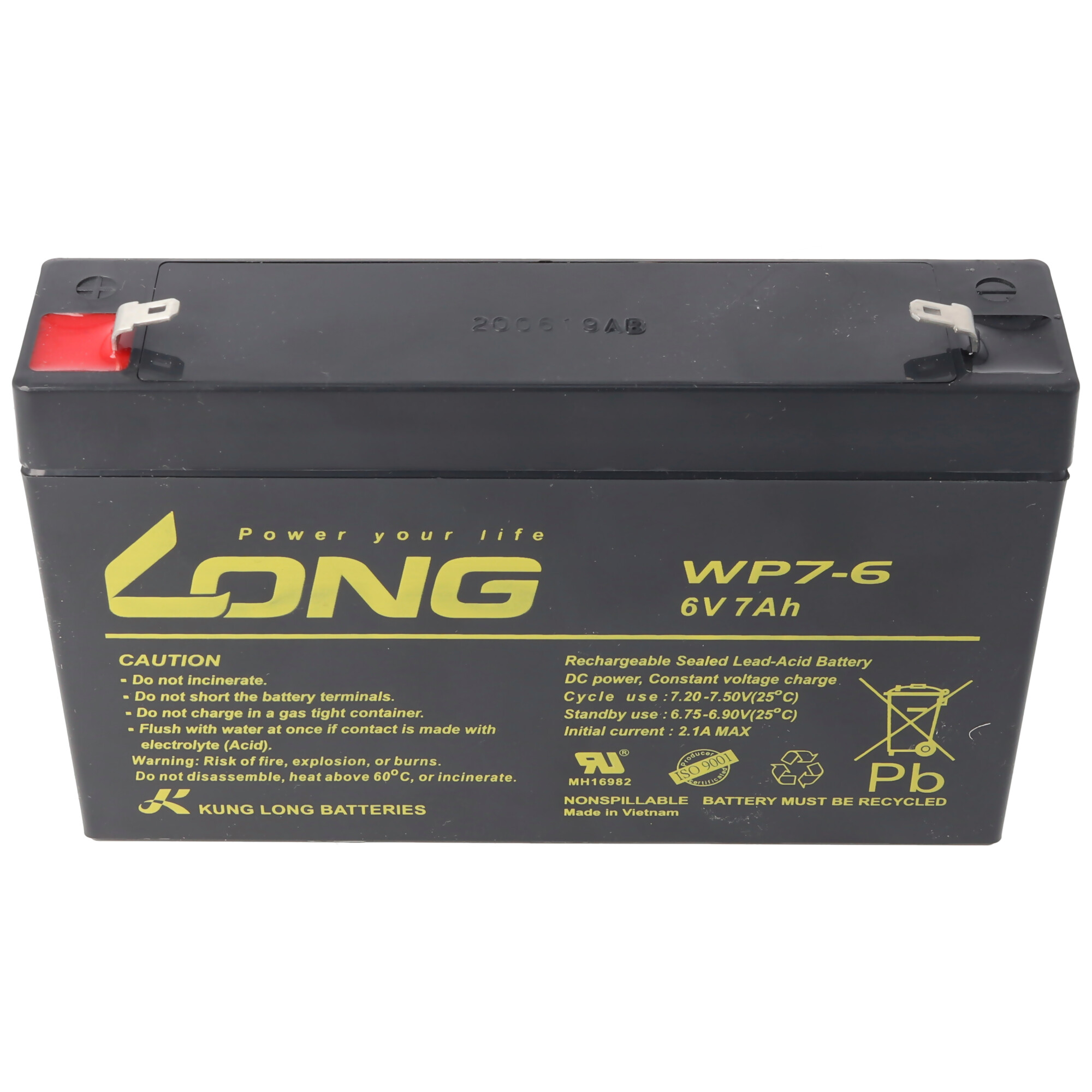 Kung Long WP7-6 Akku Blei 6 Volt 7Ah, Faston 6,3mm // ACHTUNG: Geliefert wird 4,8mm inkl. 6,3mm Adapter!