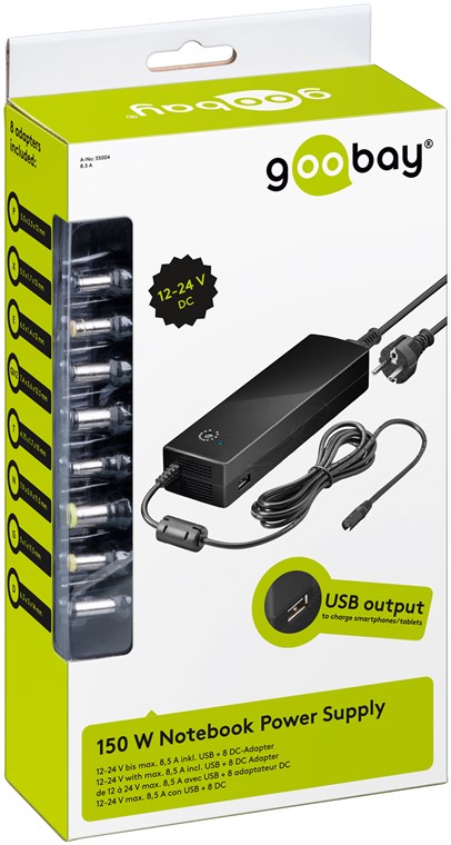 Goobay 134,5 W Notebook-Netzteil - inkl. 1x USB- und 8x DC-Adapter; 12 V - 24 V bis max. 8,5 A