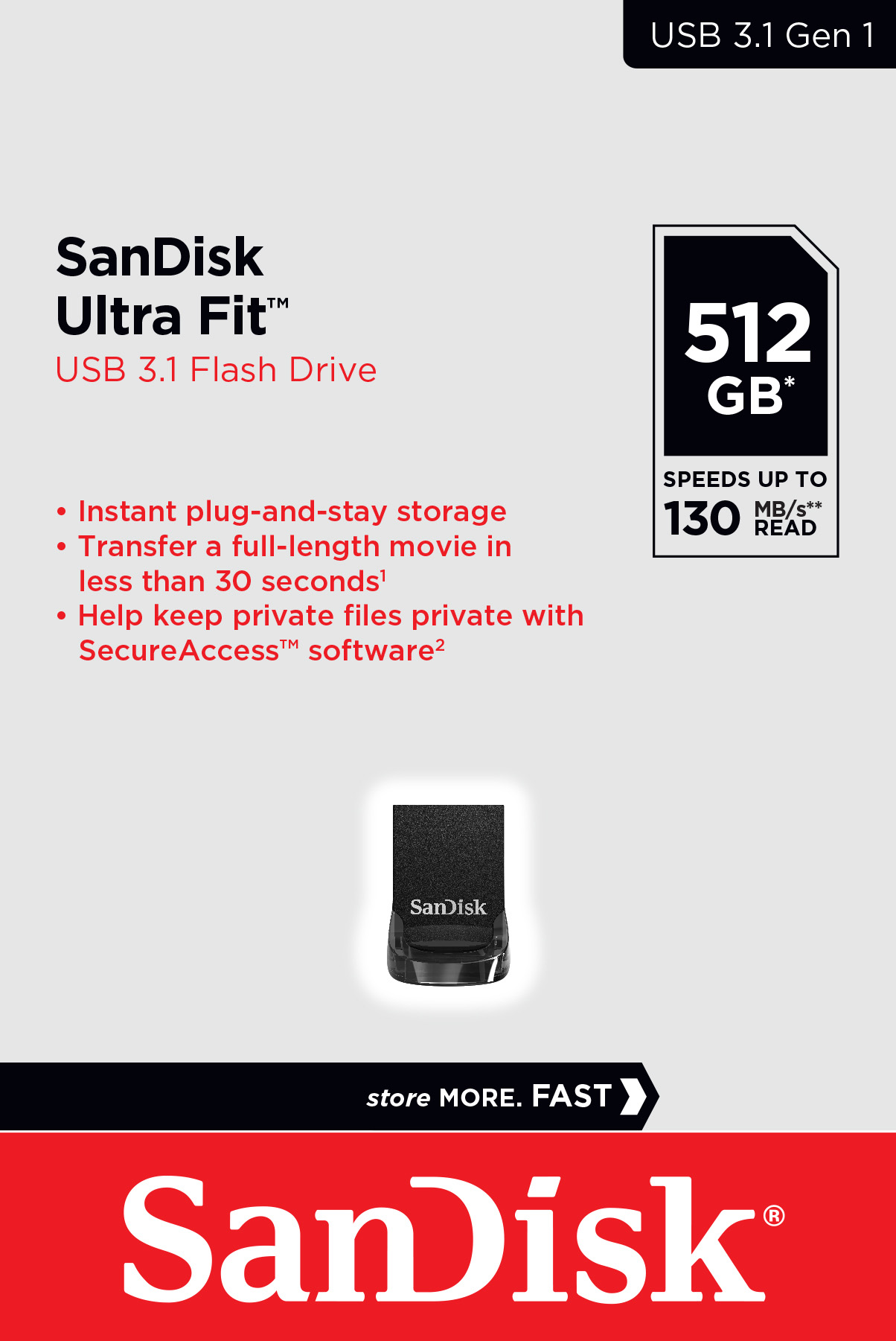 Sandisk USB 3.1 Stick 512GB, Ultra Fit Typ-A, (R) 130MB/s, (W) 60MB/s, AES-128-Bit, Retail-Blister
