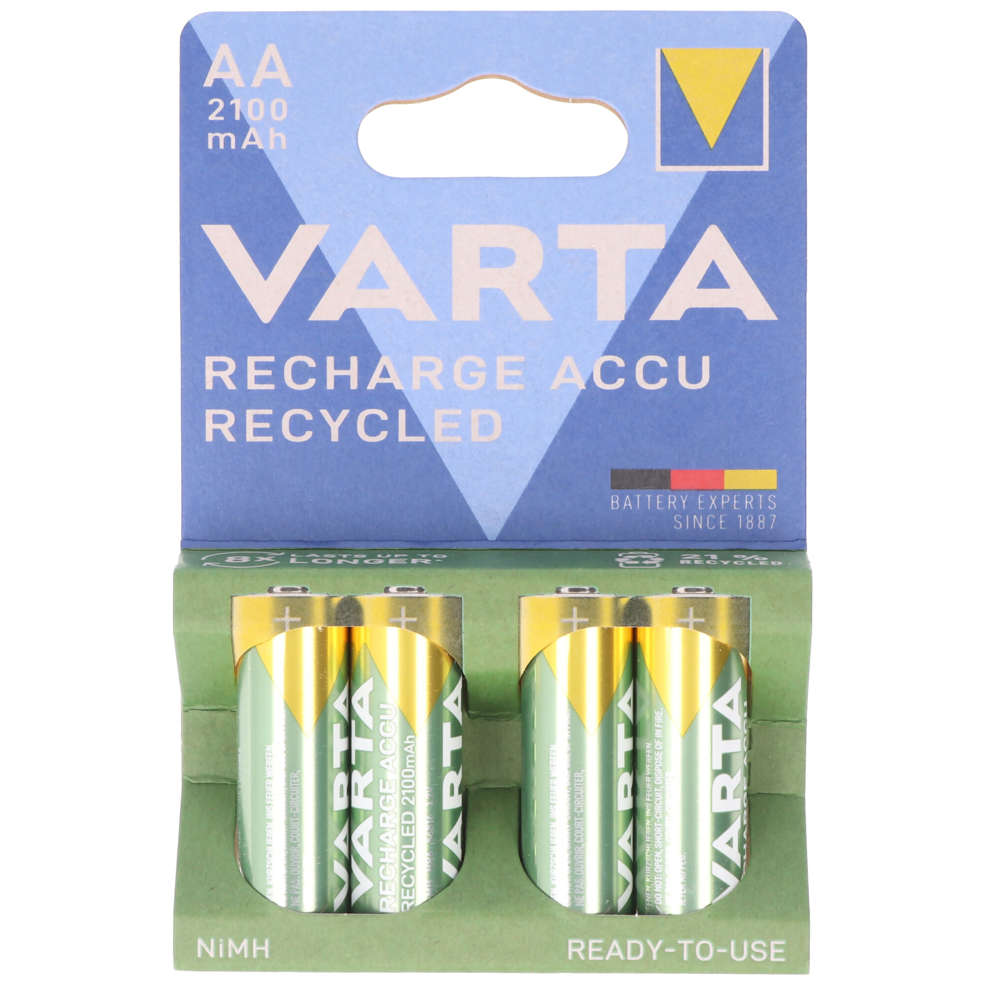 Varta Akku NiMH, Mignon, AA, HR06, 1.2V/2100mAh Accu Recycled, Pre-charged, Retail Blister (4-Pack)