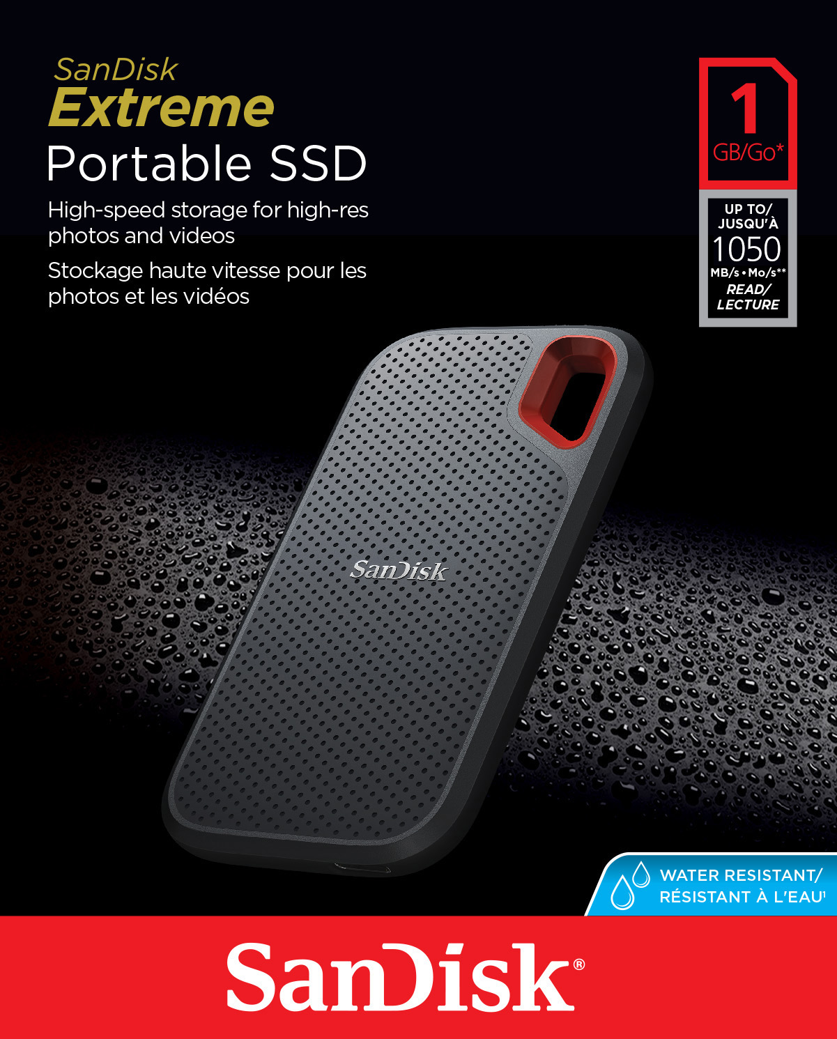 Sandisk SSD 1TB, USB 3.2, Typ A-C, 6.35cm (2.5'') Extreme Portable, (R) 1050MB/s, Retail-Blister