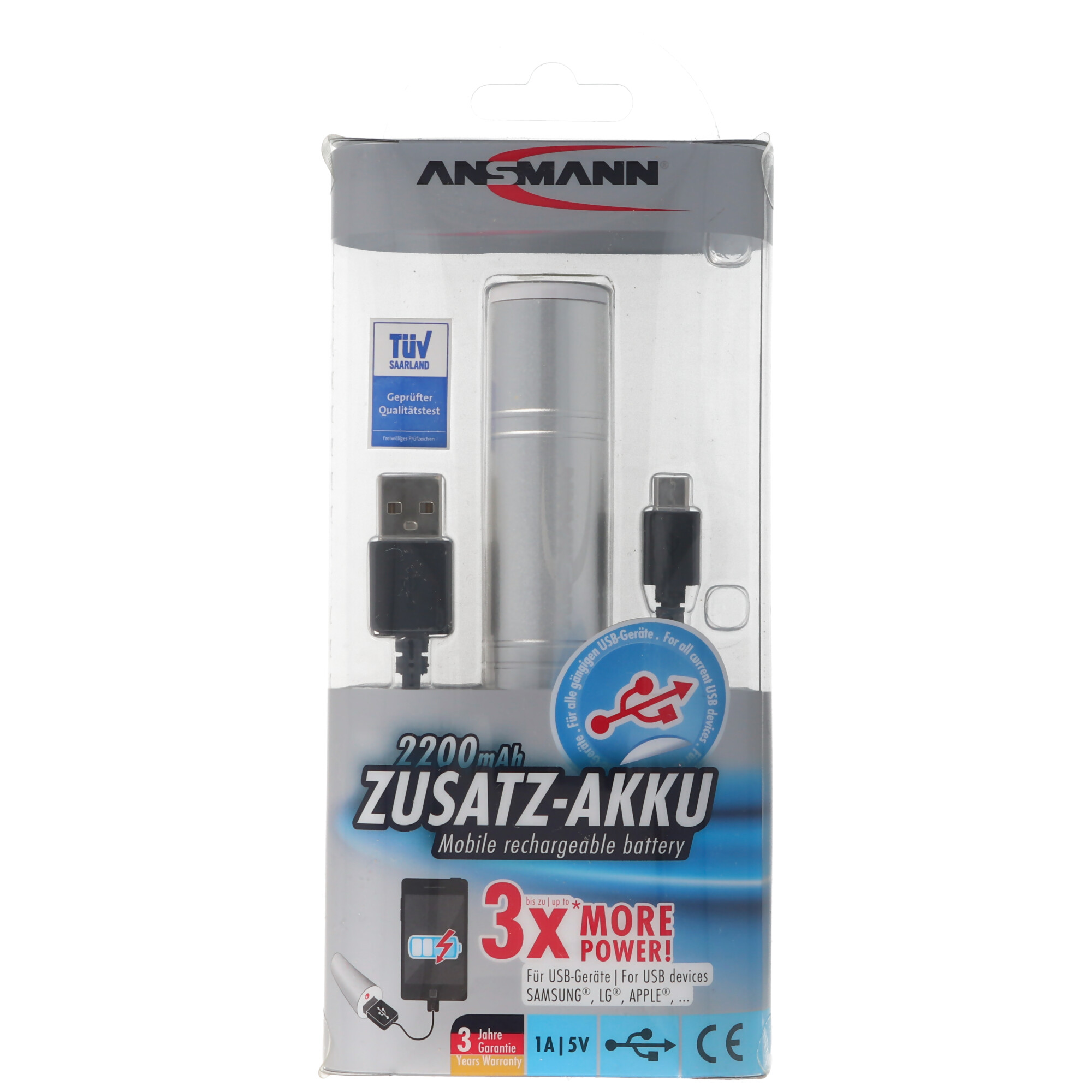 ANSMANN 1700-0009 Powerbank 2200mAh externer Zusatz-Akku für Smartphones und weitere USB Geräte