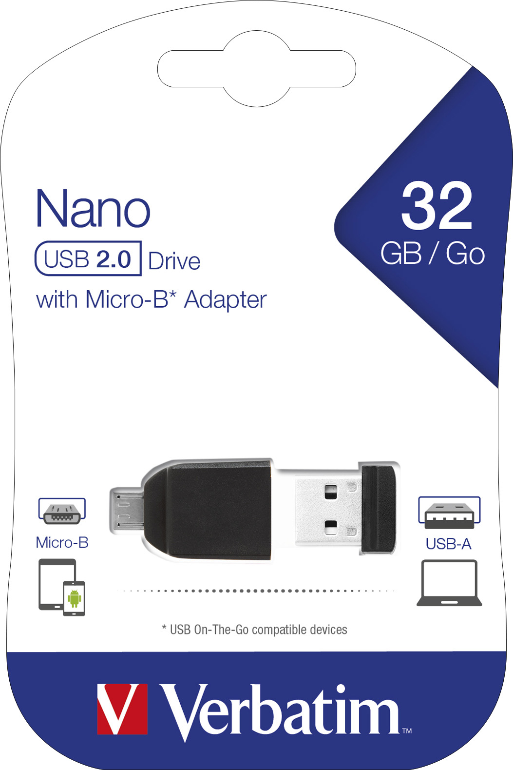 Verbatim USB 2.0 OTG Stick 32GB, Micro-B Adapter, Nano (R) 12MB/s, (W) 5MB/s, Retail-Blister