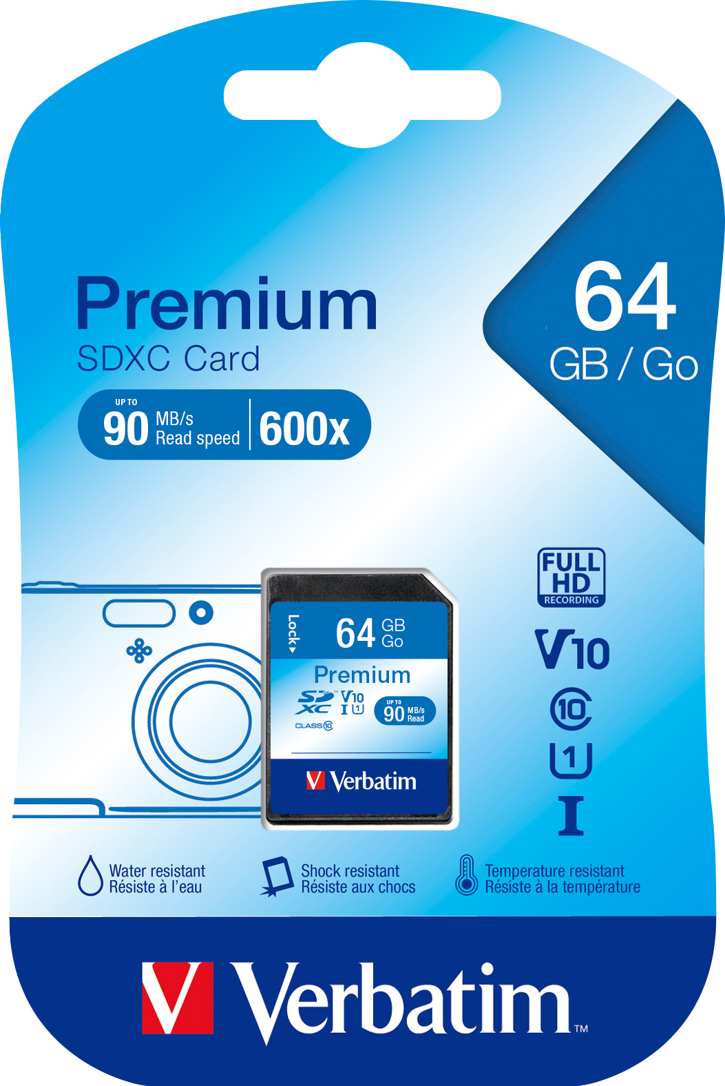 Verbatim SDXC-Card 64GB, Premium, Class 10, U1, UHS-I (R) 90MB/s, (W) 10MB/s, Retail-Blister