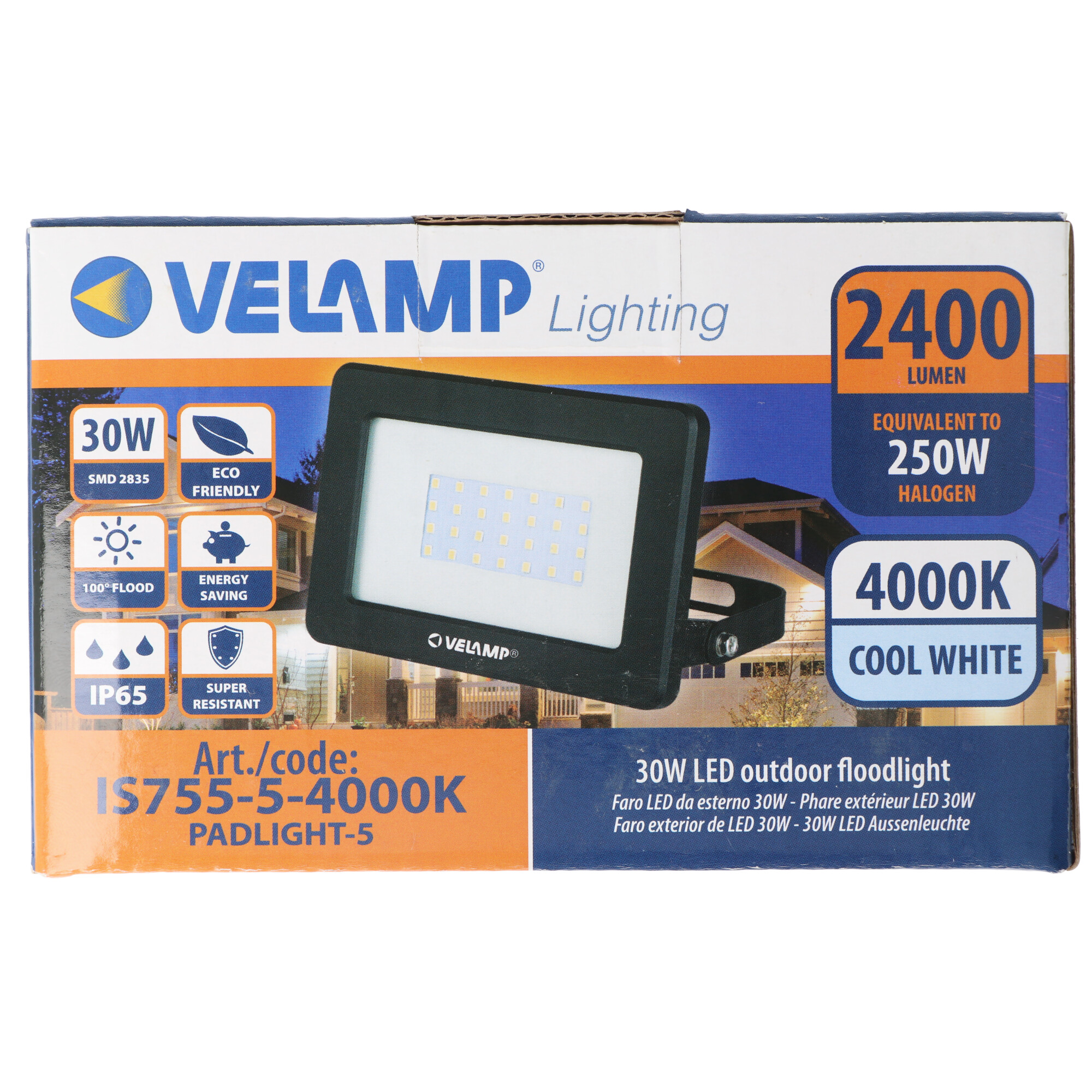 Velamp PADLIGHT5, SMD LED-Strahler, 30W IP65, 2400 Lumen, schwarz 4000K