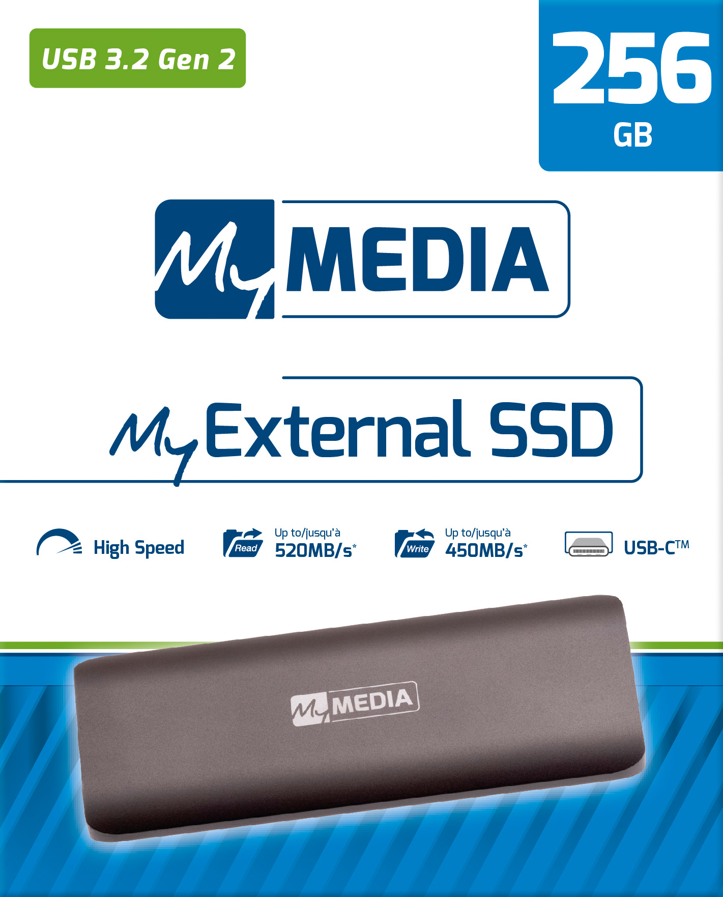 Mymedia SSD 256GB, USB 3.1, Typ A-C, Mini (R) 520MB/s, (W) 500MB/s, Retail-Blister