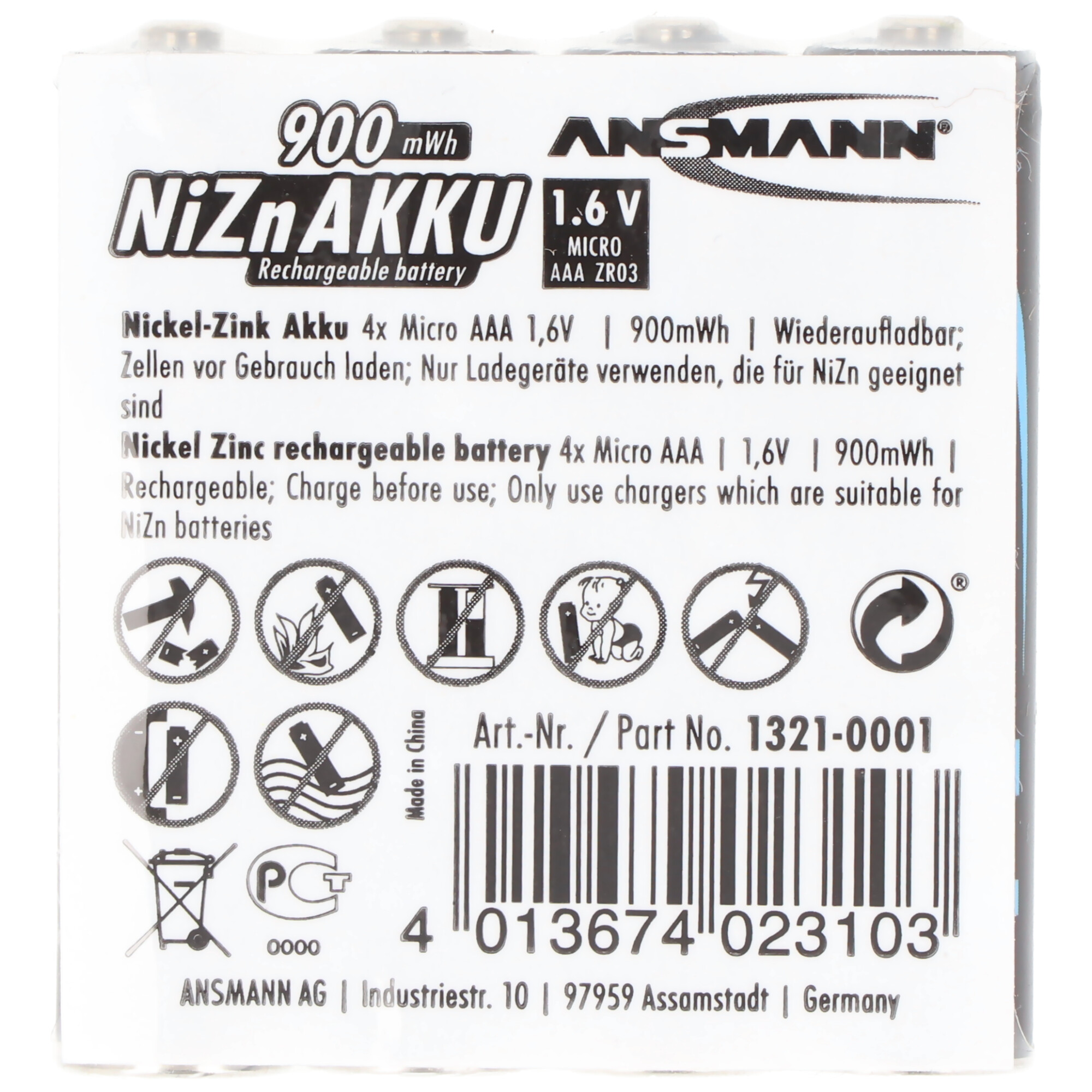 Ansmann Nickel Zink LR03 AAA NiZn Akku 1,6 Volt 900mWh im 4er Set