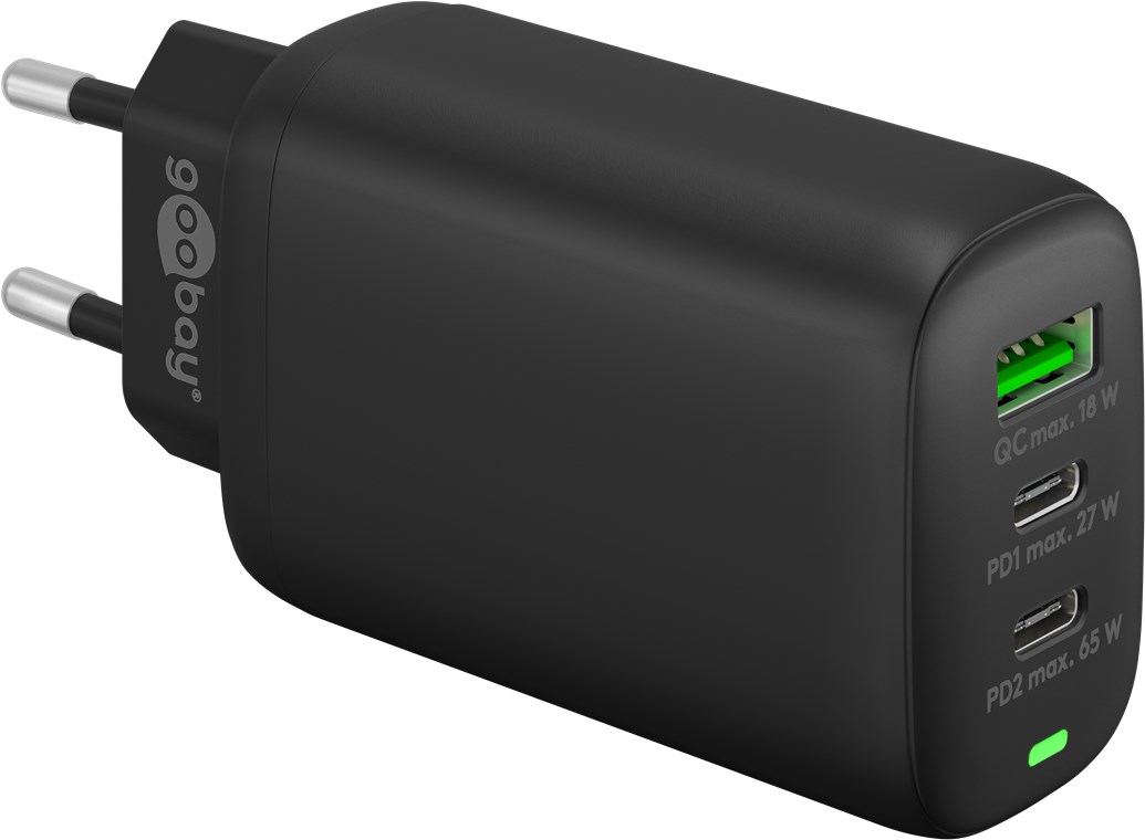 Goobay USB-C™ PD 3-fach Multiport-Schnellladegerät (65 W) schwarz - Ladeadapter mit 2x USB-C™-Anschlüssen (Power Delivery) und 1x USB-A-Anschluss (Quick Charge 3.0)