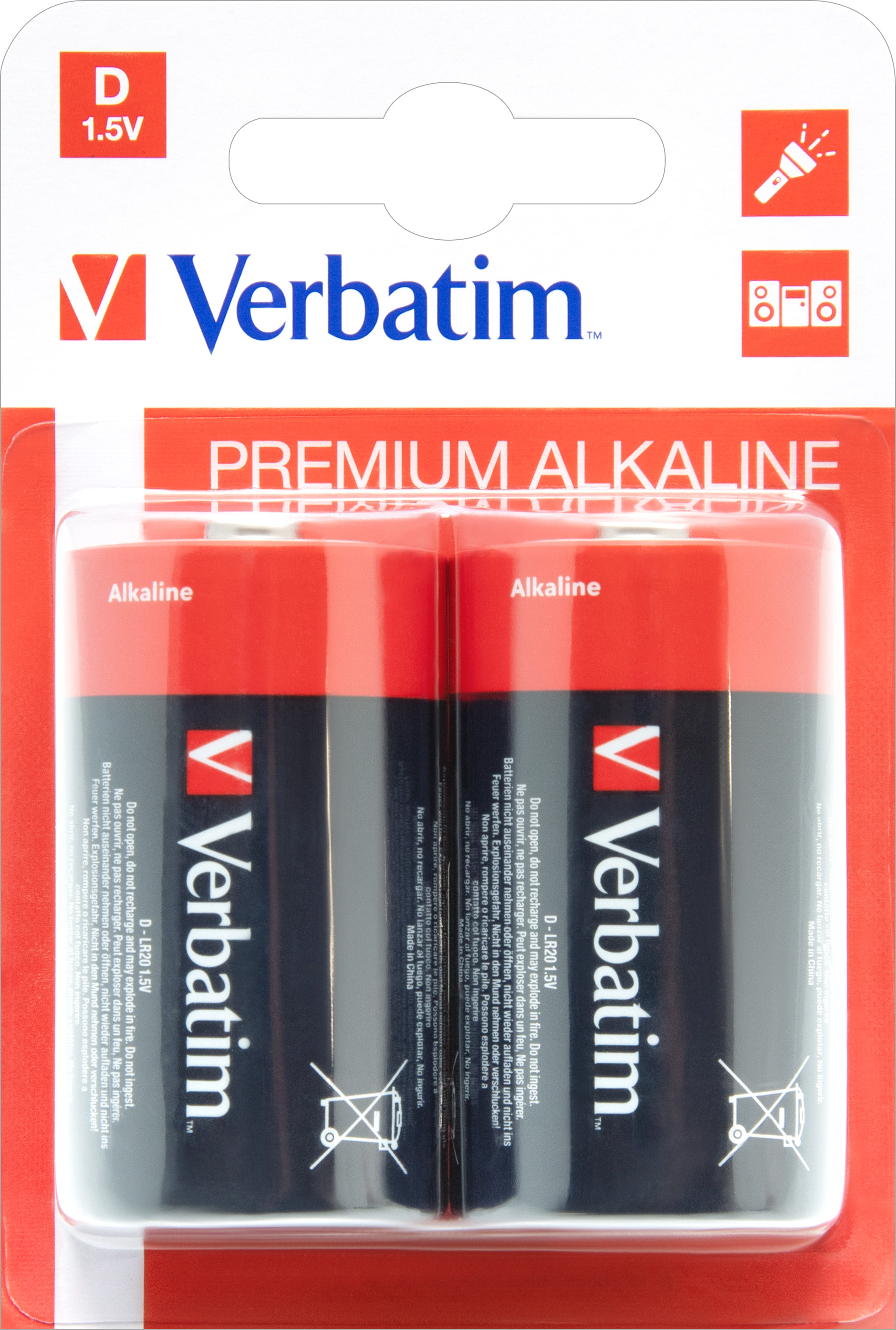 Verbatim Batterie Alkaline, Mono, D, LR20, 1.5V Premium, Retail Blister (2-Pack)