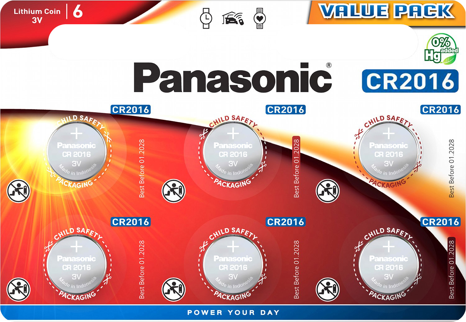 Panasonic Batterie Lithium, Knopfzelle, CR2016, 3V Electronics, Lithium Power, Retail Blister (6-Pack)