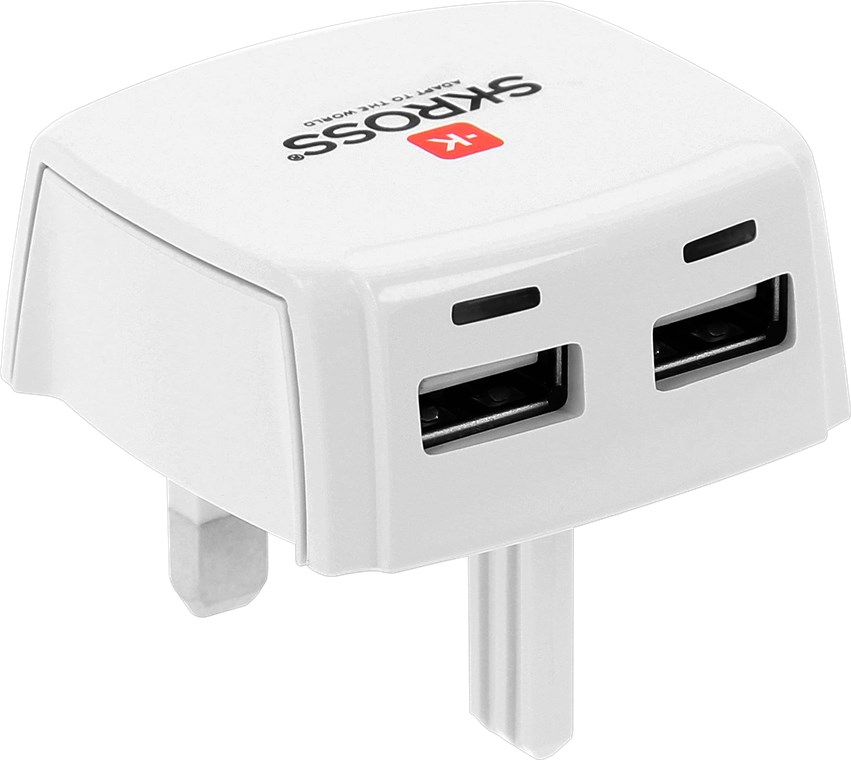 Skross World Adapter MUV Micro USB - geeignet für alle ungeerdeten Geräte (2-pol.), mit integriertem dualem USB-Ladegerät