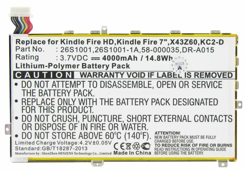 Akku nur passend für den Amazon Kindle Fire HD Akku DR-A015, 58-000035, 26S1001 3,7 Volt 4000mAh