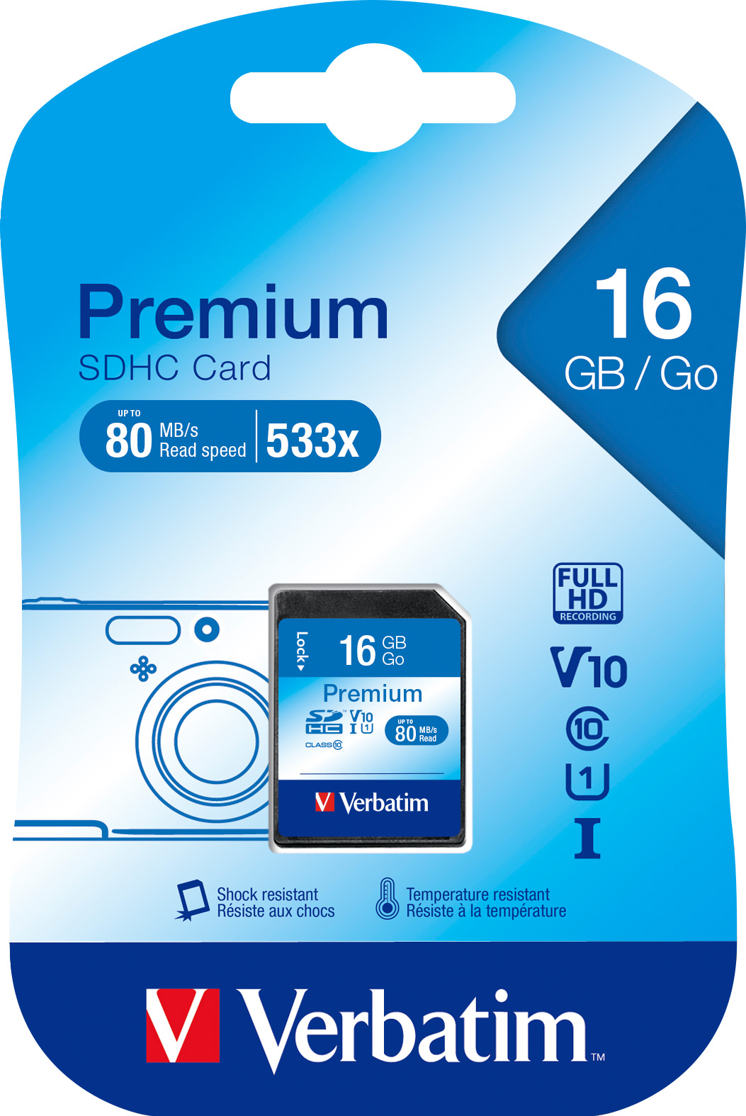 Verbatim SDHC-Card 16GB, Premium, Class 10, U1, UHS-I (R) 80MB/s, (W) 10MB/s, Retail-Blister