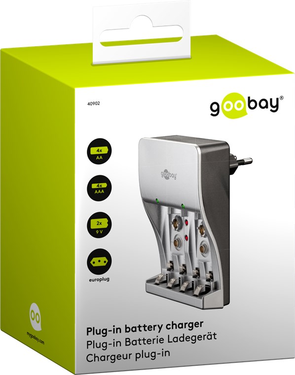 Goobay Plug-in Batterie-Ladegerät - lädt bis zu 4x Micro (AAA) oder Mignon (AA) und 2x 9 V Block