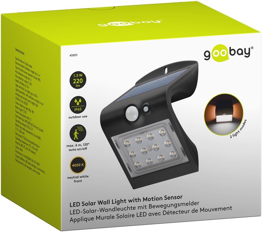 Goobay LED-Solar-Wandleuchte mit Bewegungsmelder, 1,5 W, schwarz - LED-Solarleuchte bietet eine neutralweiße Lichtlösung für Hauseingänge, Carports und Treppen