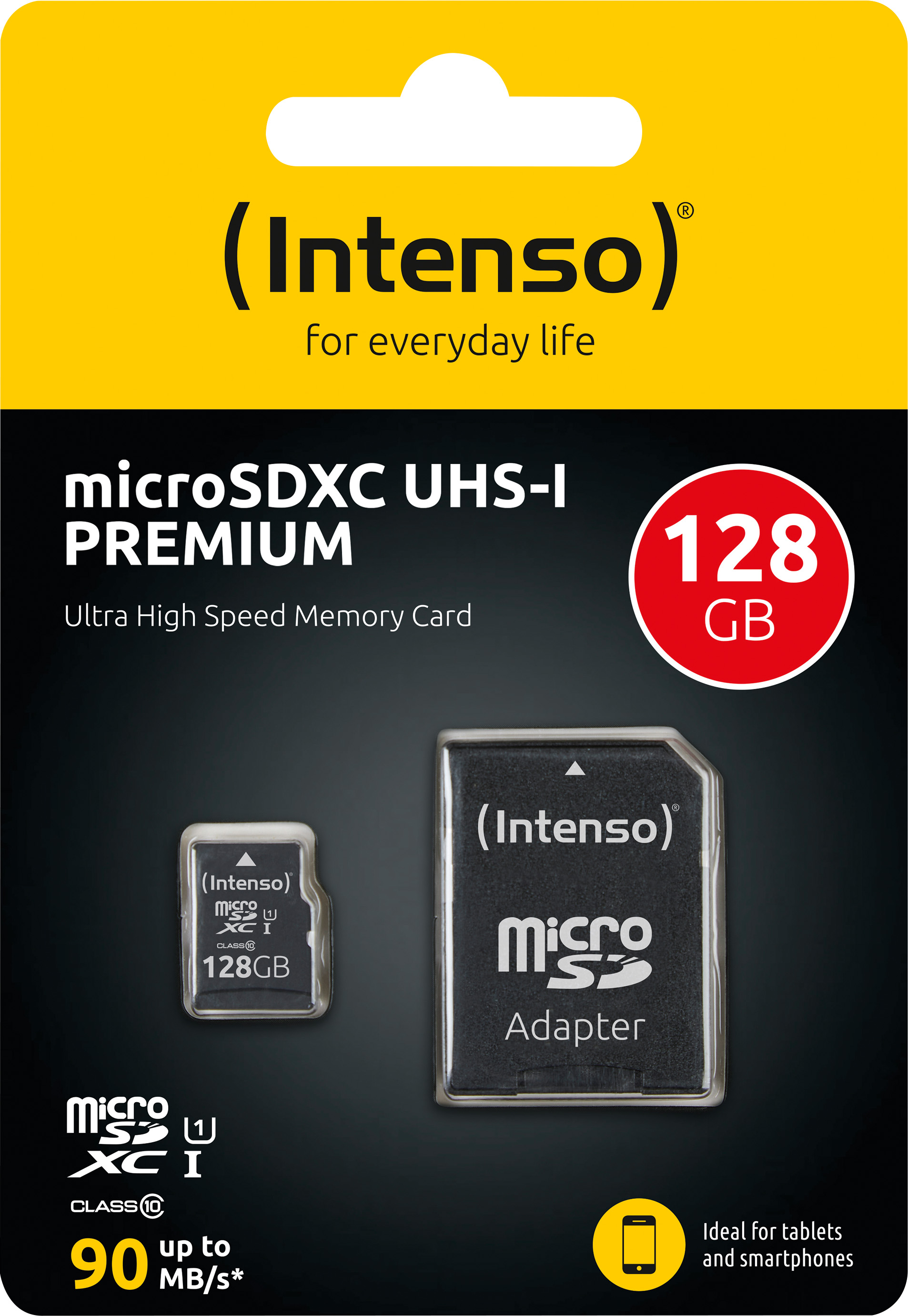 Intenso microSDXC Card 128GB, Premium, Class 10, U1 (R) 90MB/s, (W) 10MB/s, SD-Adapter, Retail-Blister