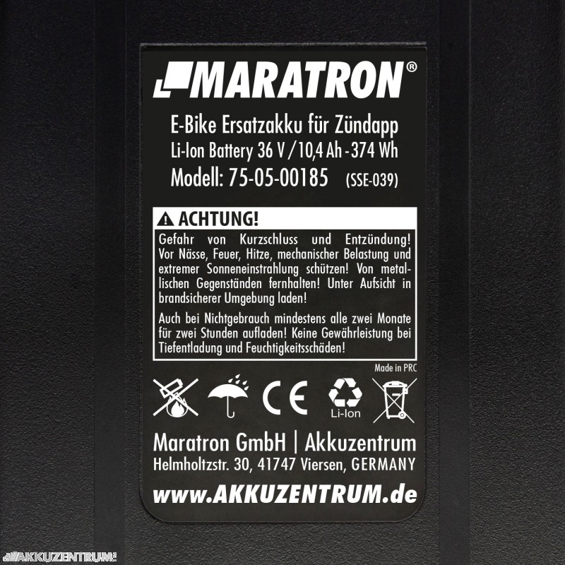 E-Bike Akku Maratron Gepäckträgerakku mit Rücklicht – 36V / 10,4Ah - Gepäckträger
